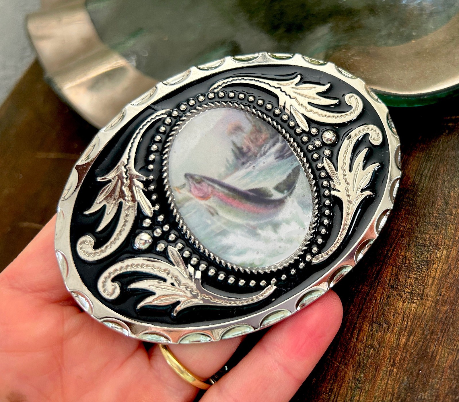Vintage Silver Fish Belt Buckle Fisherman Gift Western Style Resin Snap On