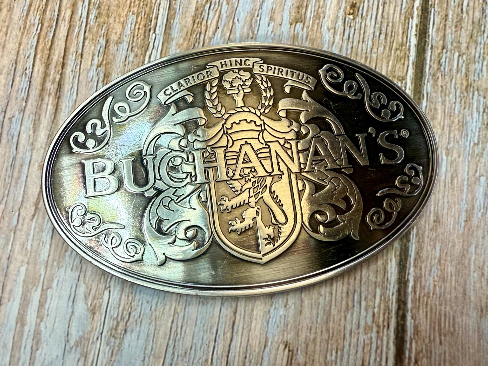 Buchanan&rsquo;s ScottishTop Shelf Whiskey promo Clarior Hinc Spiritus Belt Buckle