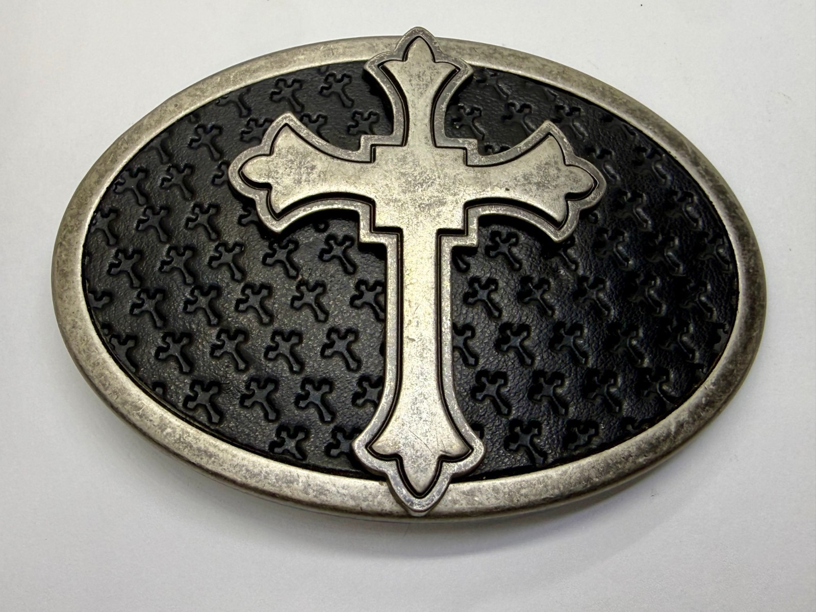 Centered Iron Cross Religious Gothic Punk Vibe Faux Leather on Metal Belt Buckle