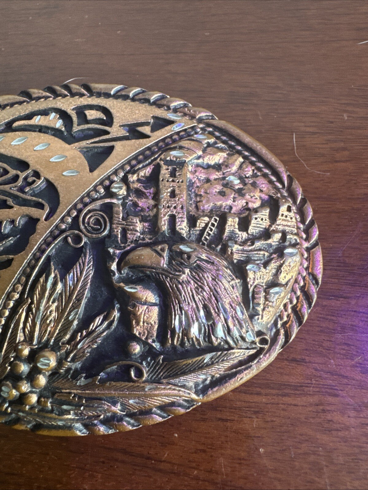 Vintage Belt Buckle Eagle Native American Tribal Diamond Cuts ISS Made In USA