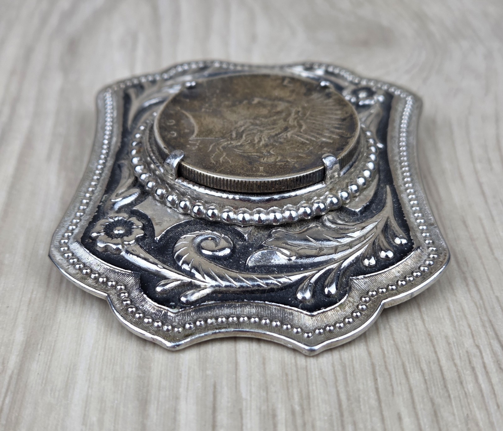Vtg 1923 Peace Silver Dollar Coin Belt Buckle Engraved Scrollwork Western Cowboy