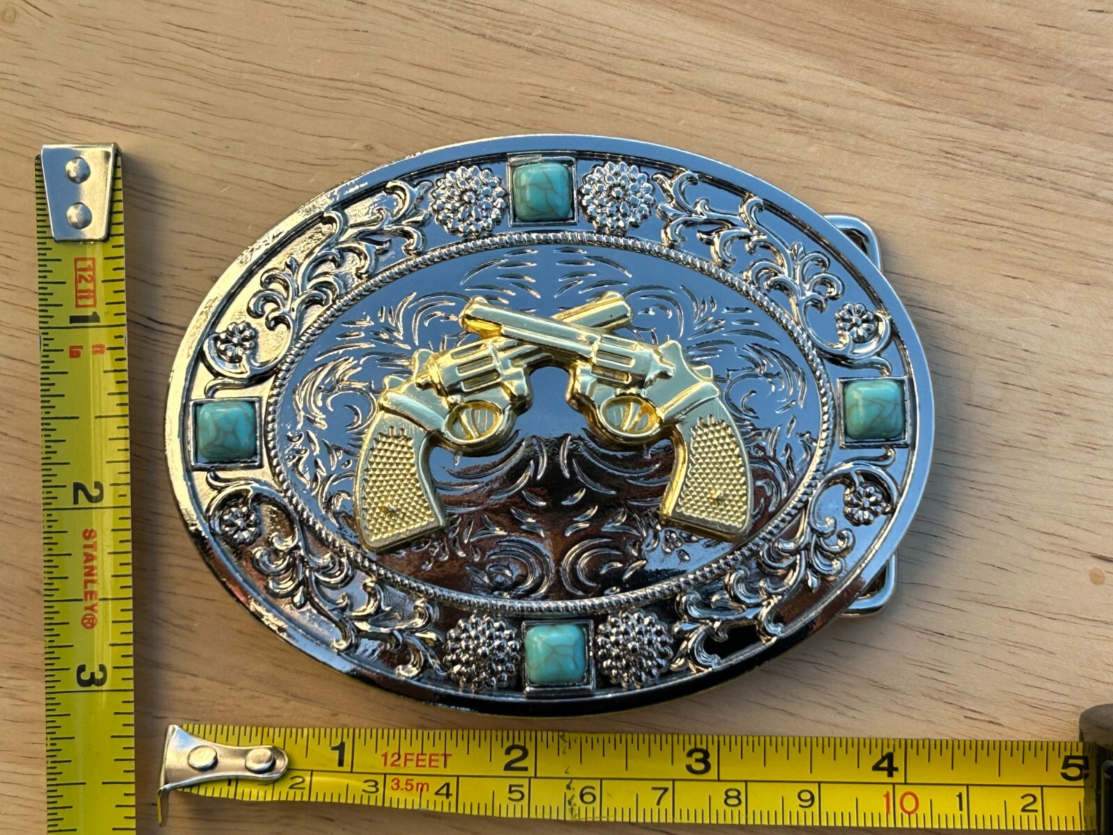 Western Guns Buckle Men Unisex Turquoise Silver Chrome Oval Engraved Fit 2 »