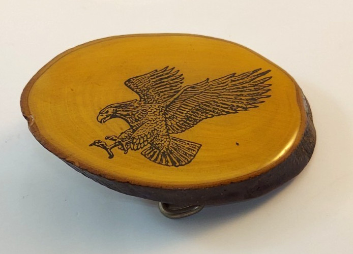 Vintage Wood Slice Attacking Eagle Belt Buckle with Bark Edge