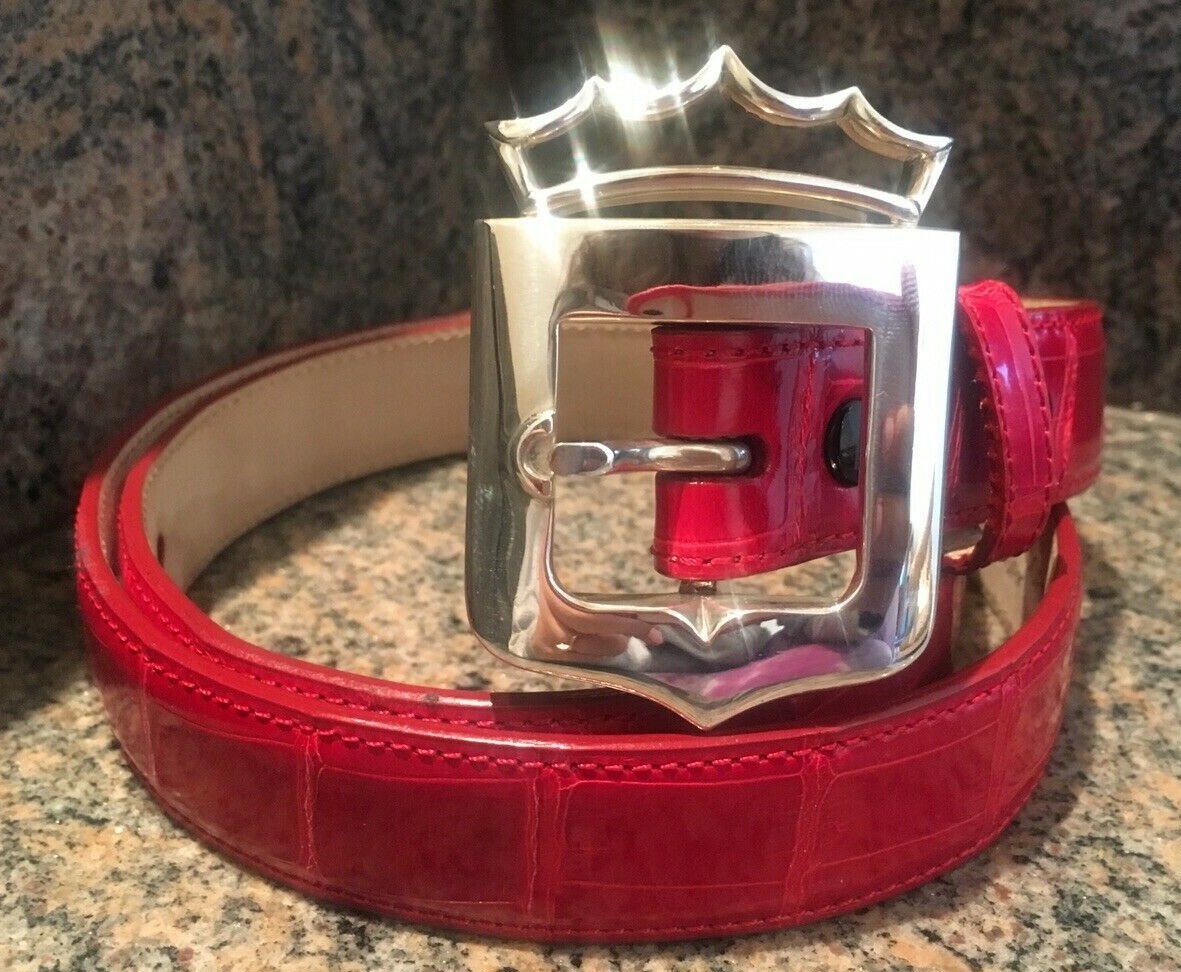 Rare Kieselstein-Cord Sterling Royal Crown Buckle and Red Alligator Belt Size 2