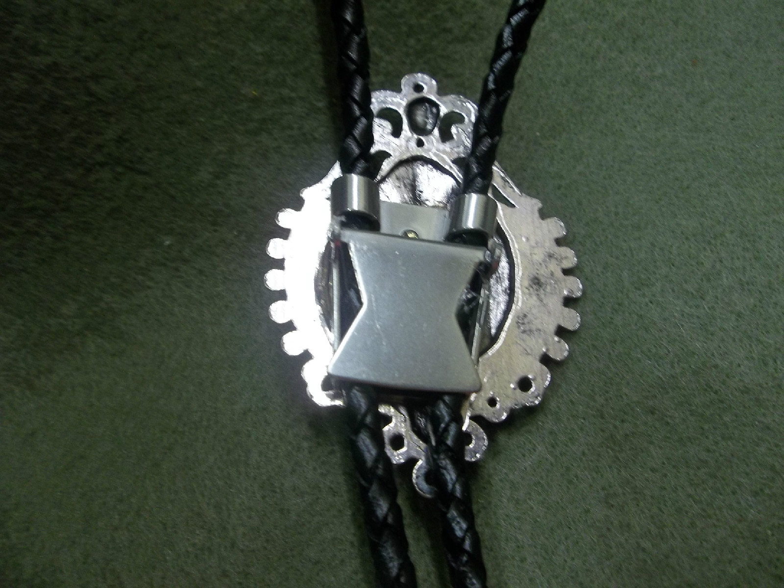 handcrafted Bolo tie leather braided cord large Si Fi Woman mounted cab