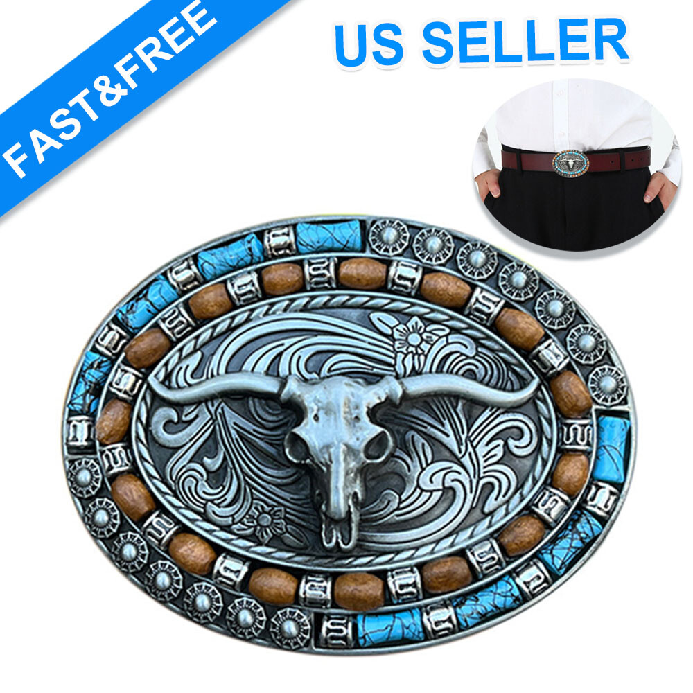 Silver Western Cowboy Belt Buckle Men Women Turquoise Cow Skull Belt Buckle NEW