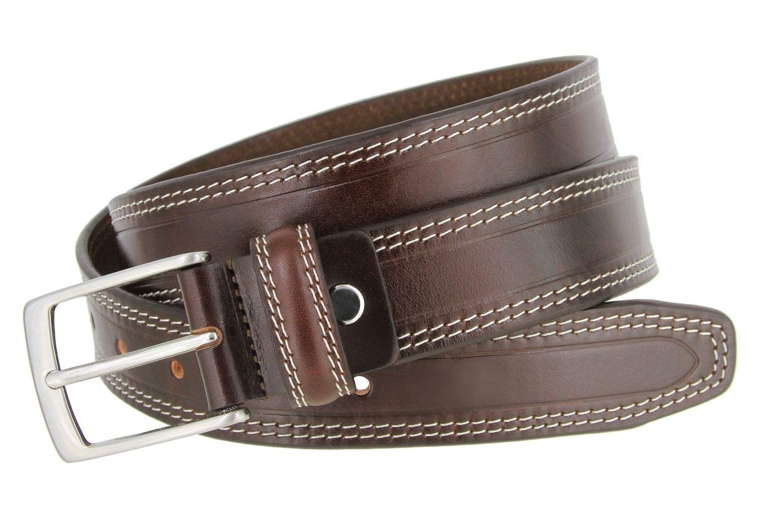 Men&rsquo;s Double White Stitching Smooth Genuine Leather Dress 38, Brown (Silver)