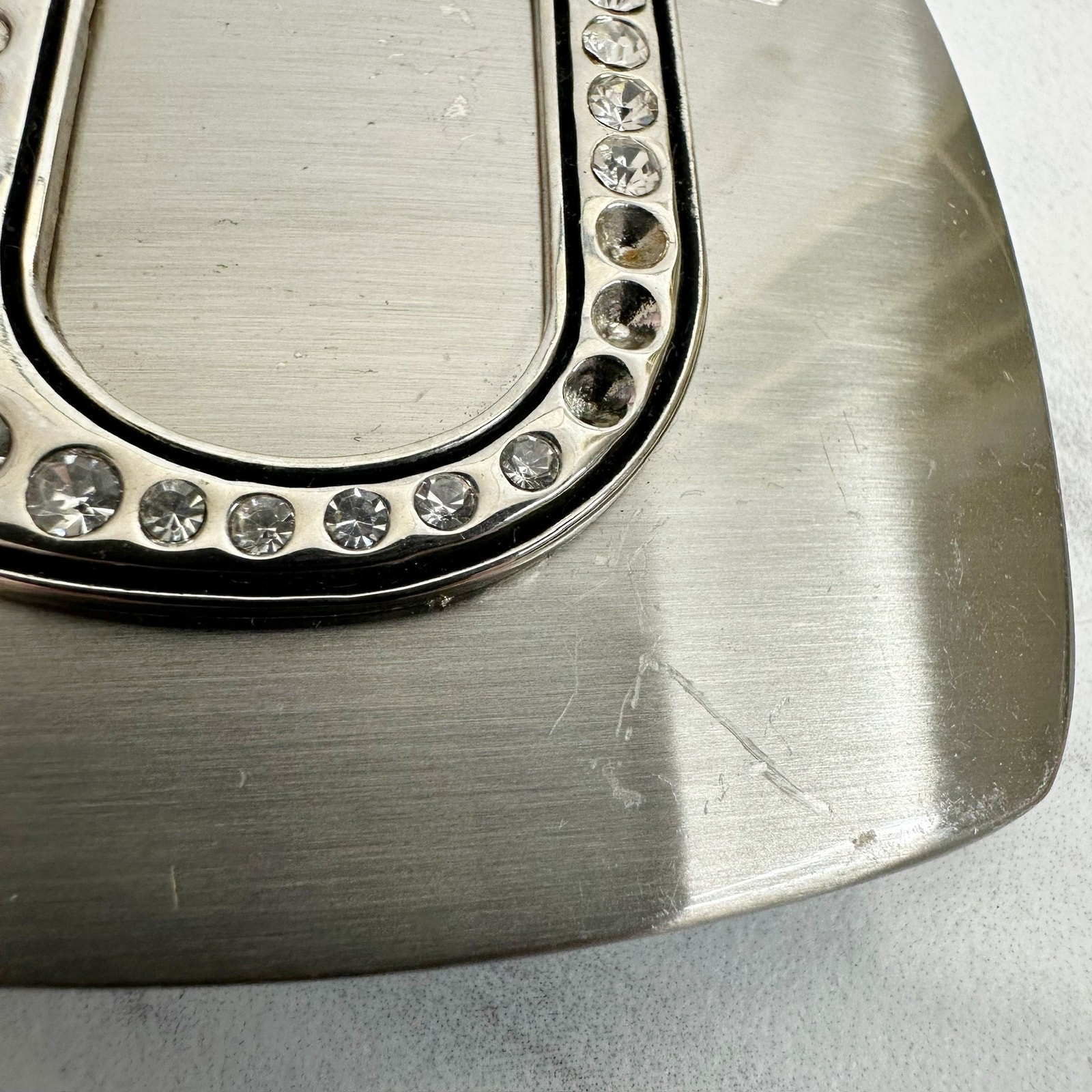 Rhinestone Studded U Letter Initial Monogram Silver Tone Belt Buckle