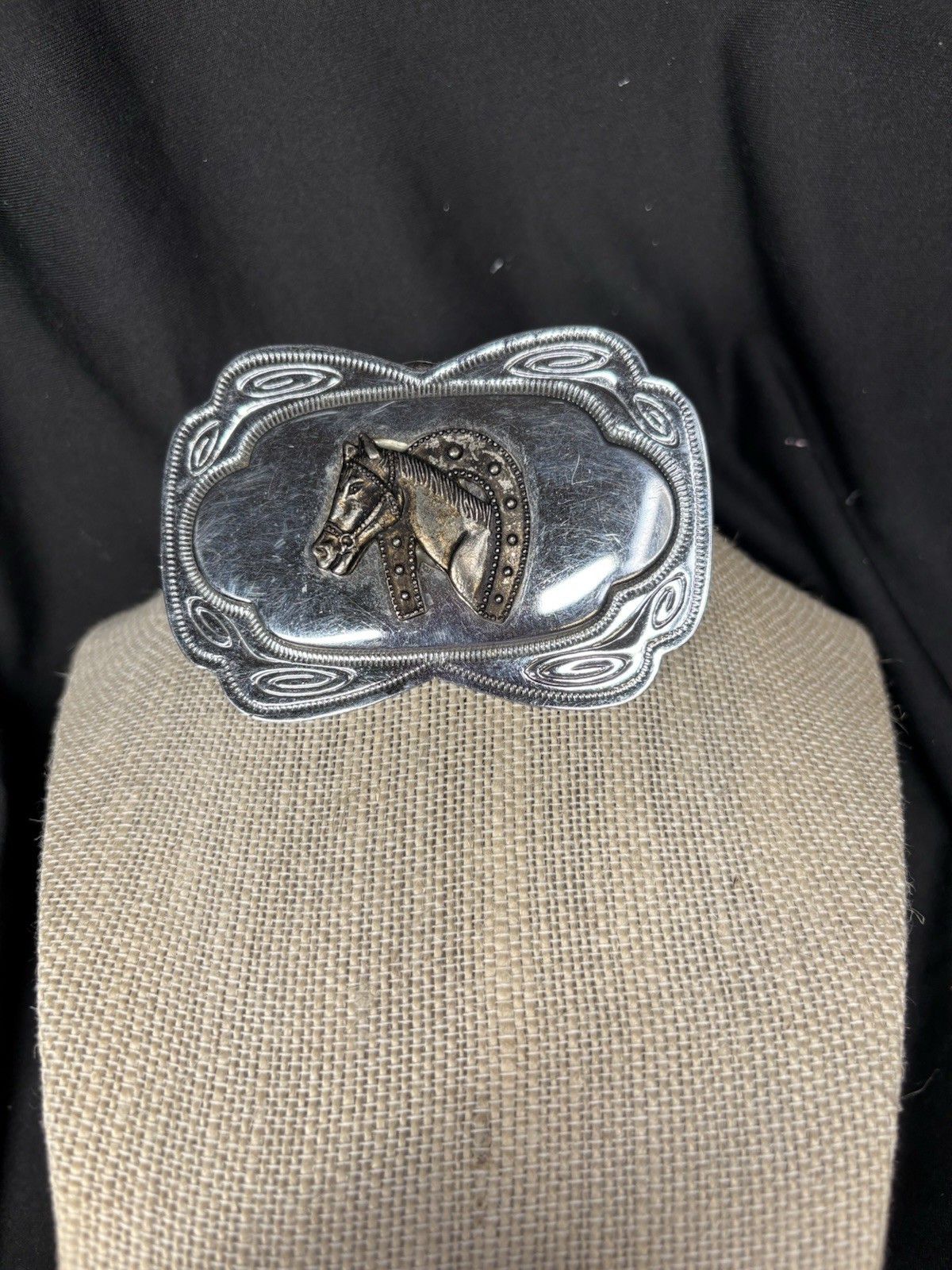 Vintage Western Horse Head & Horseshoe Belt Buckle Silver Tone Repair Needed