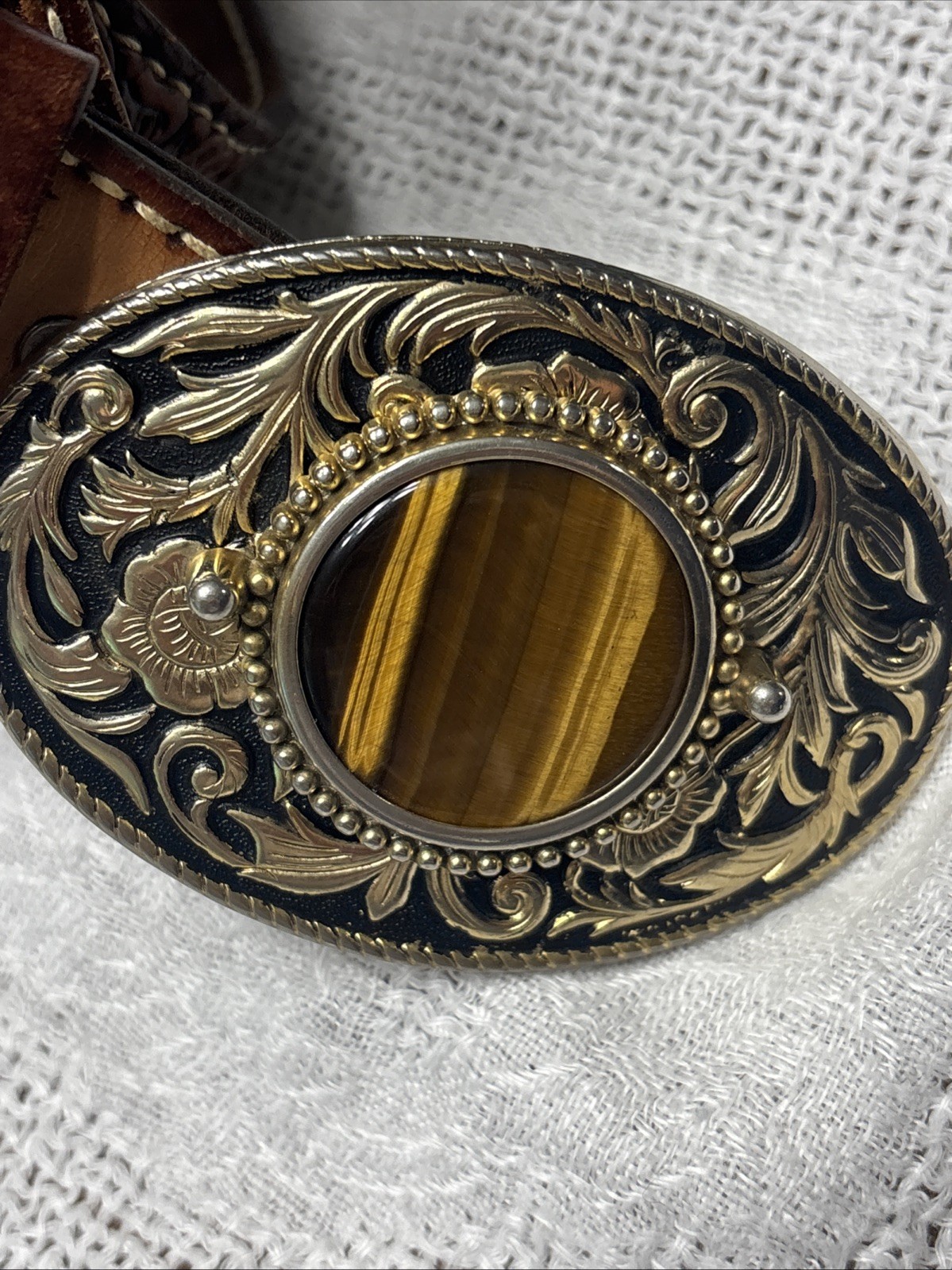 Tiger Eye Brass Tone Brown Belt Men Ladies Leather Embossing Western Cowboy
