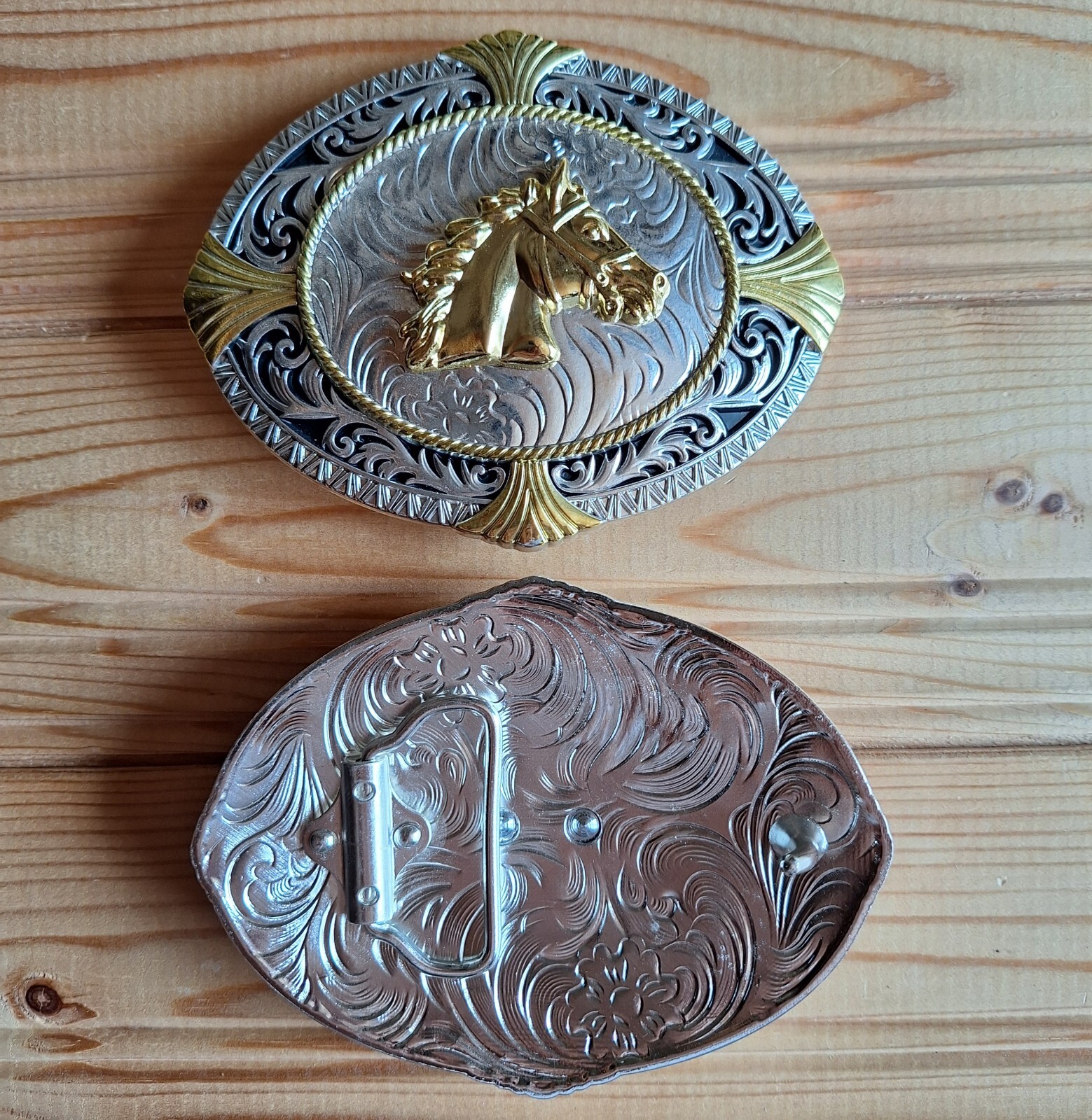 BIG Horse oval western country silver & gold belt buckle (choice designs)