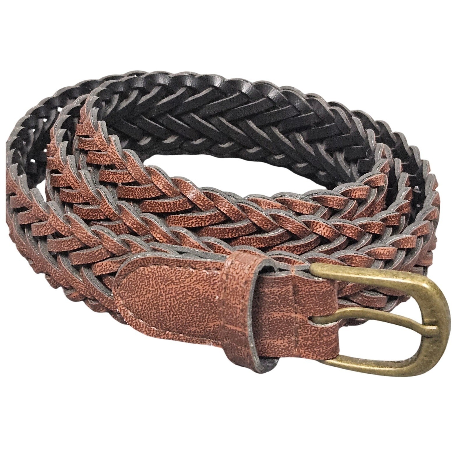 Braided Faux Leather Belt 18W Brown Brass Tone Buckle Y2K Classic Y2K Preppy