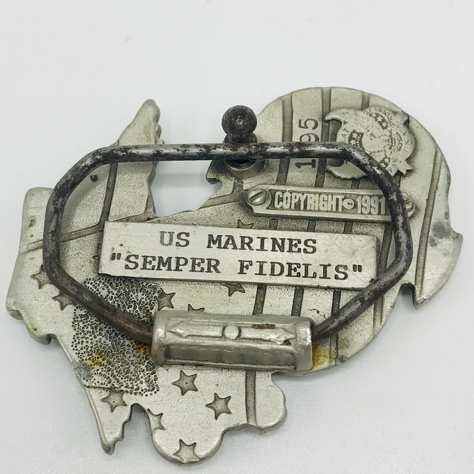 Vintage US Marines CorpBelt Buckle Semper Fidelis Pewter Metal 1995 Globe Anchor