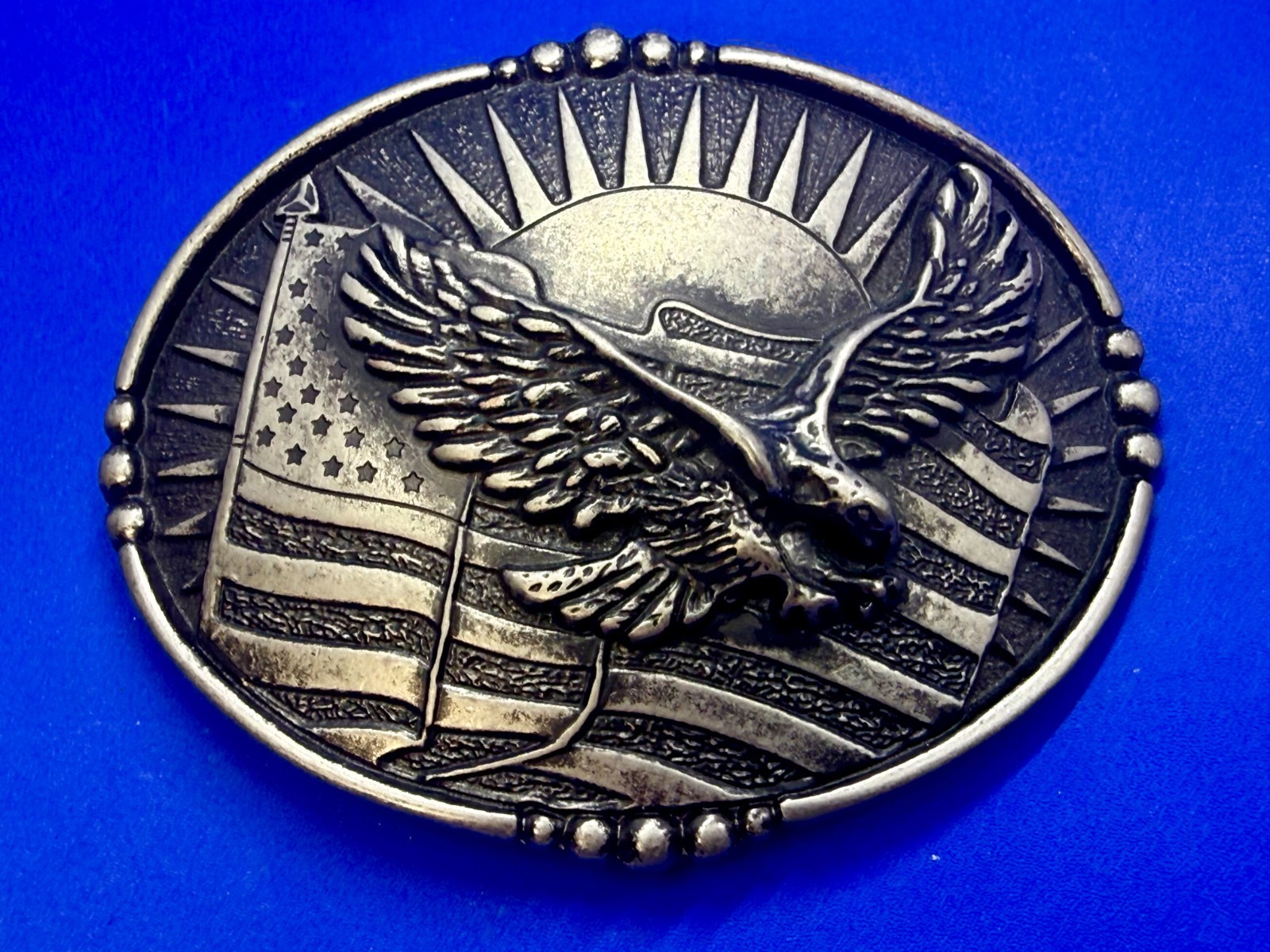 USA American Eagle Soaring Over Flag Sunrise Sunshine Patriotic Belt Buckle