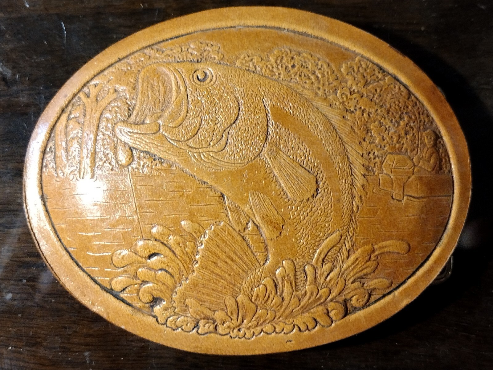 Leather Belt Buckle with Jumping Fish – 3-1/2 x 2-1/2 – Looks Unused