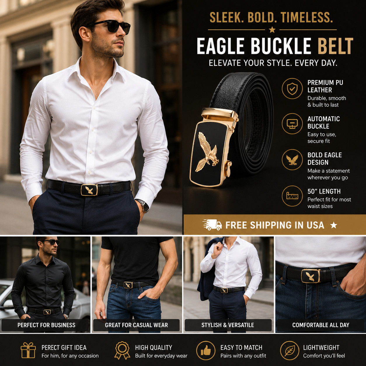 Men&rsquo;s Eagle Buckle Ratchet Belt Black PU Leather Adjustable 50&Prime; Waist