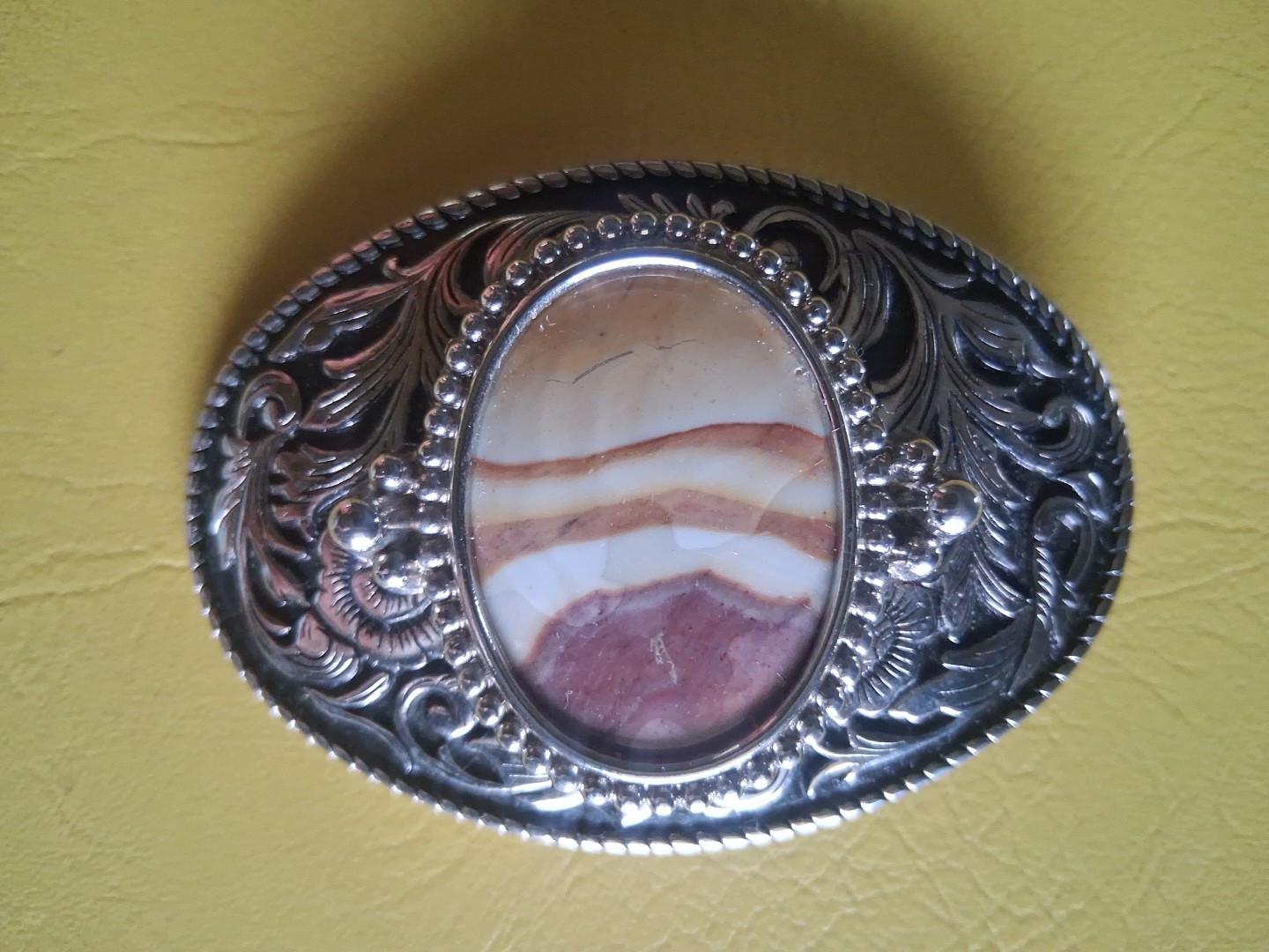 Vintage Western Oval Belt Buckle Silver Tone w/ Agate Stone Cowboy Rodeo