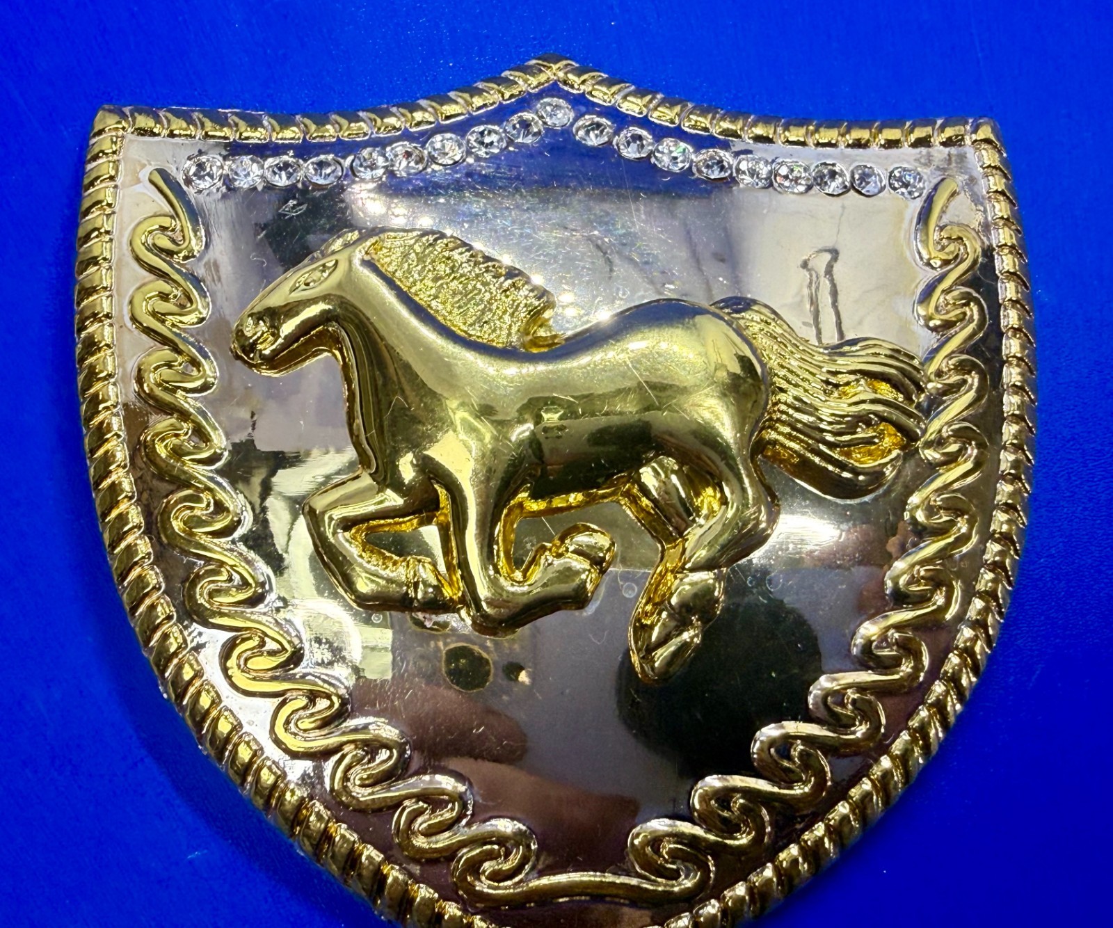 Running Galloping Horse Shield with Sparkling Rhinestones Reflective Belt Buckle