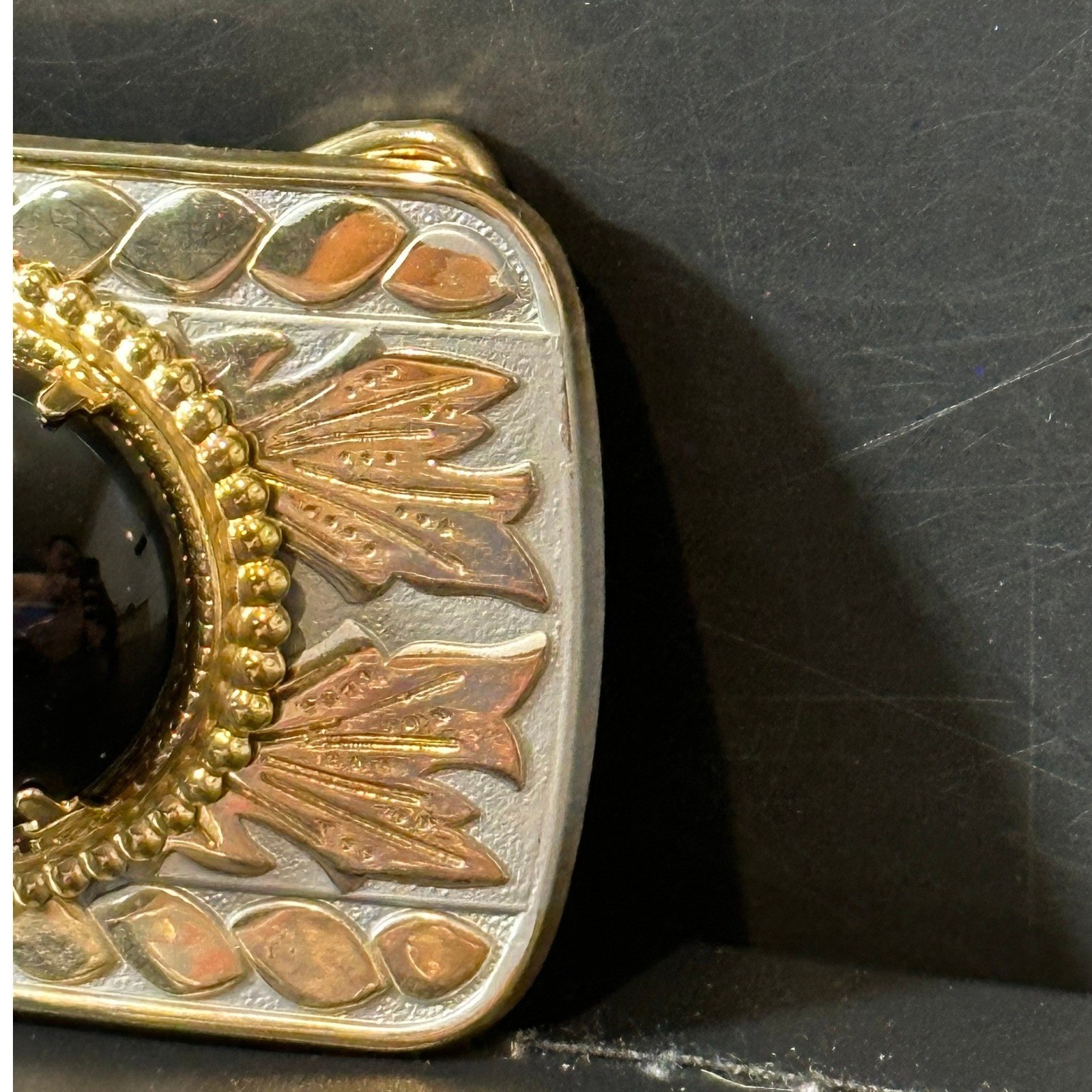 Vintage Western Belt Buckle Gold Silver Tone Black Onyx Cabochon Mixed Metal