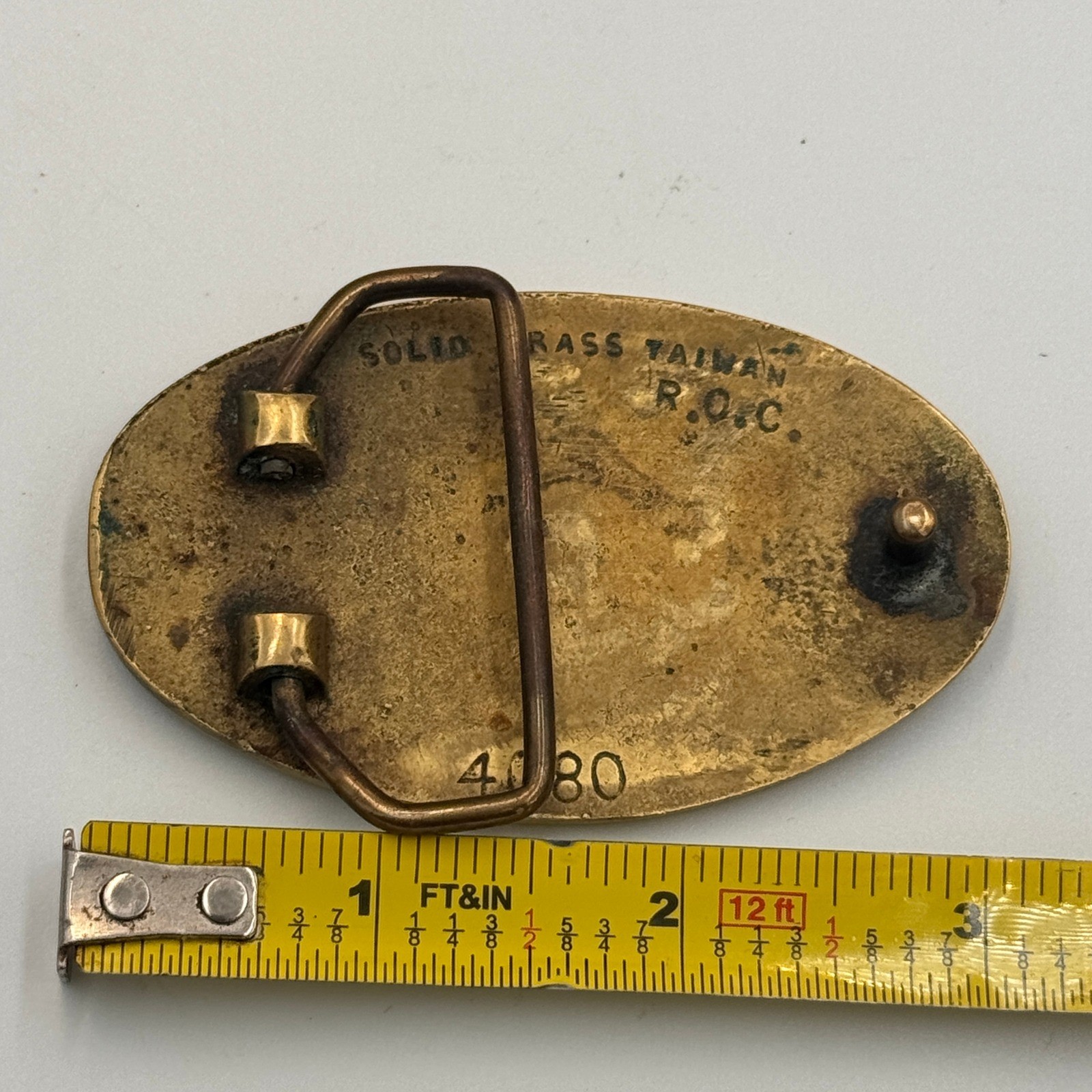 Vintage Caterpillar Belt Buckle Solid Brass Oval Logo 4080 Taiwan ROC Gold Tone