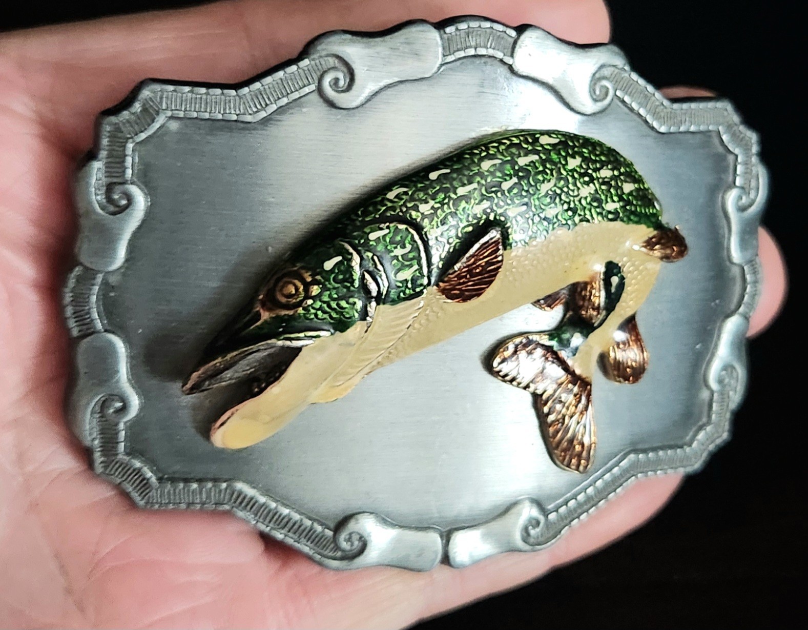 Vintage 1980s Northern Pike Fish Design Metal Belt Buckle MUST SEE