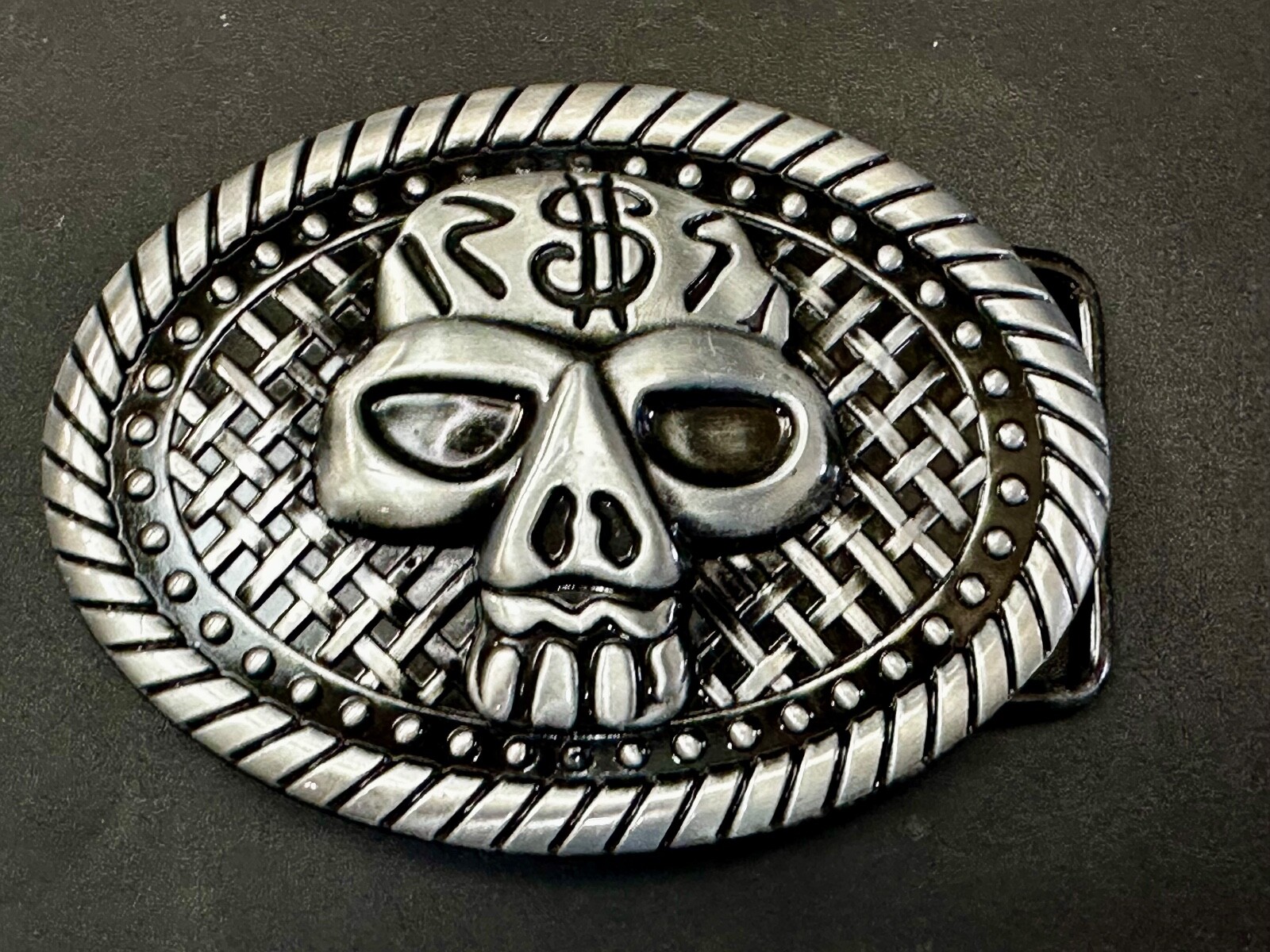 Skull With $ Dollar Sign Halloween Black & Silver Color Gothic Vibe Belt Buckle