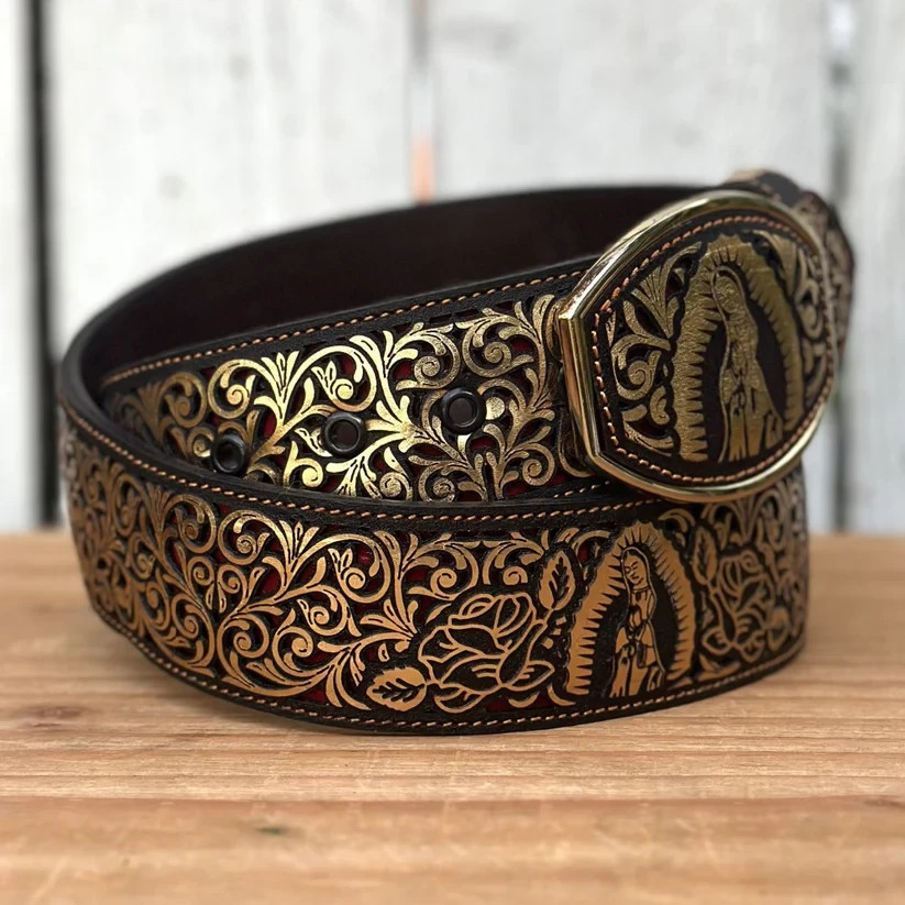 Genuine Laser Cut Leather Virgen Western Belt with Removable Buckle – Gold