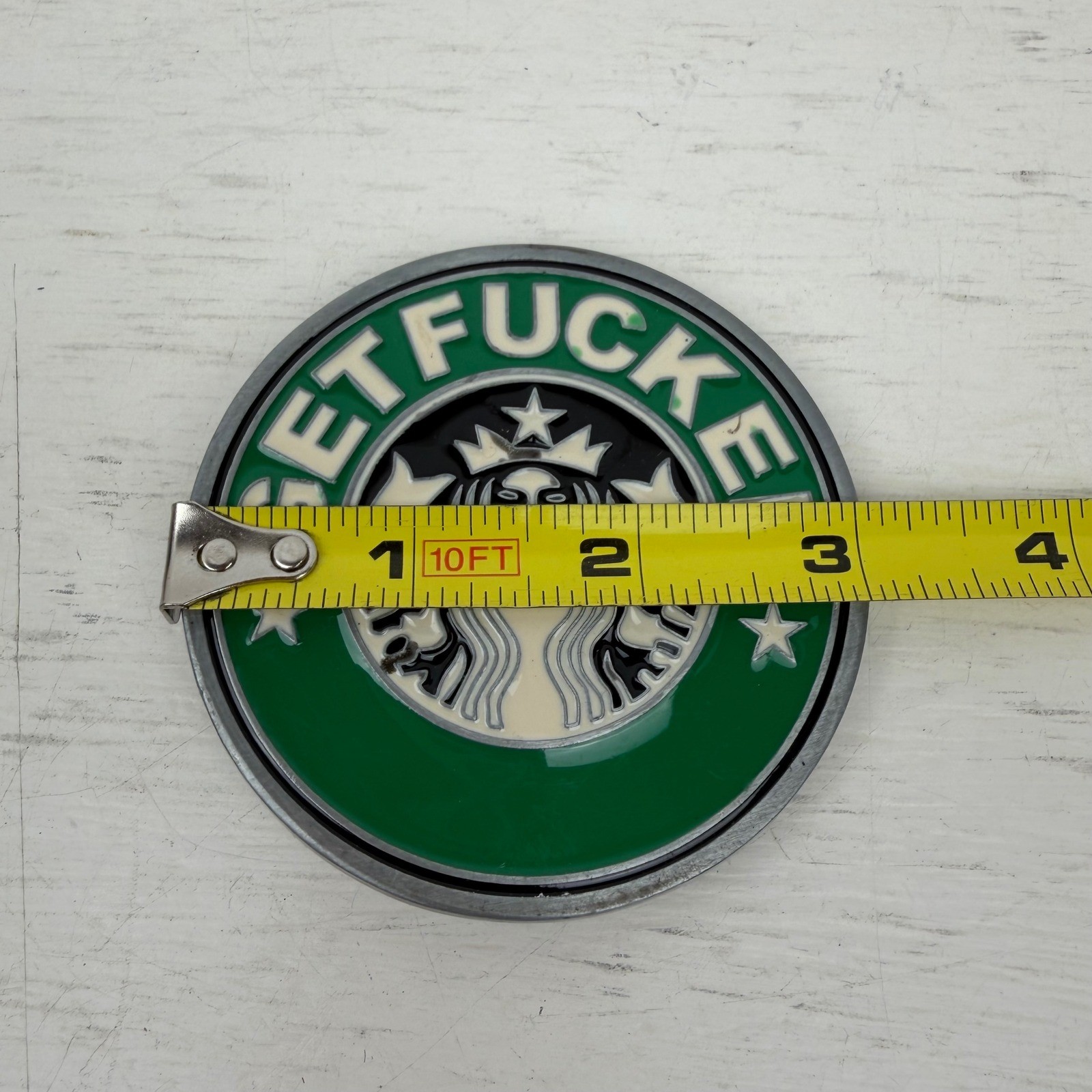 Get F Parody Coffee Siren Belt Buckle Novelty Green Enamel Round Metal