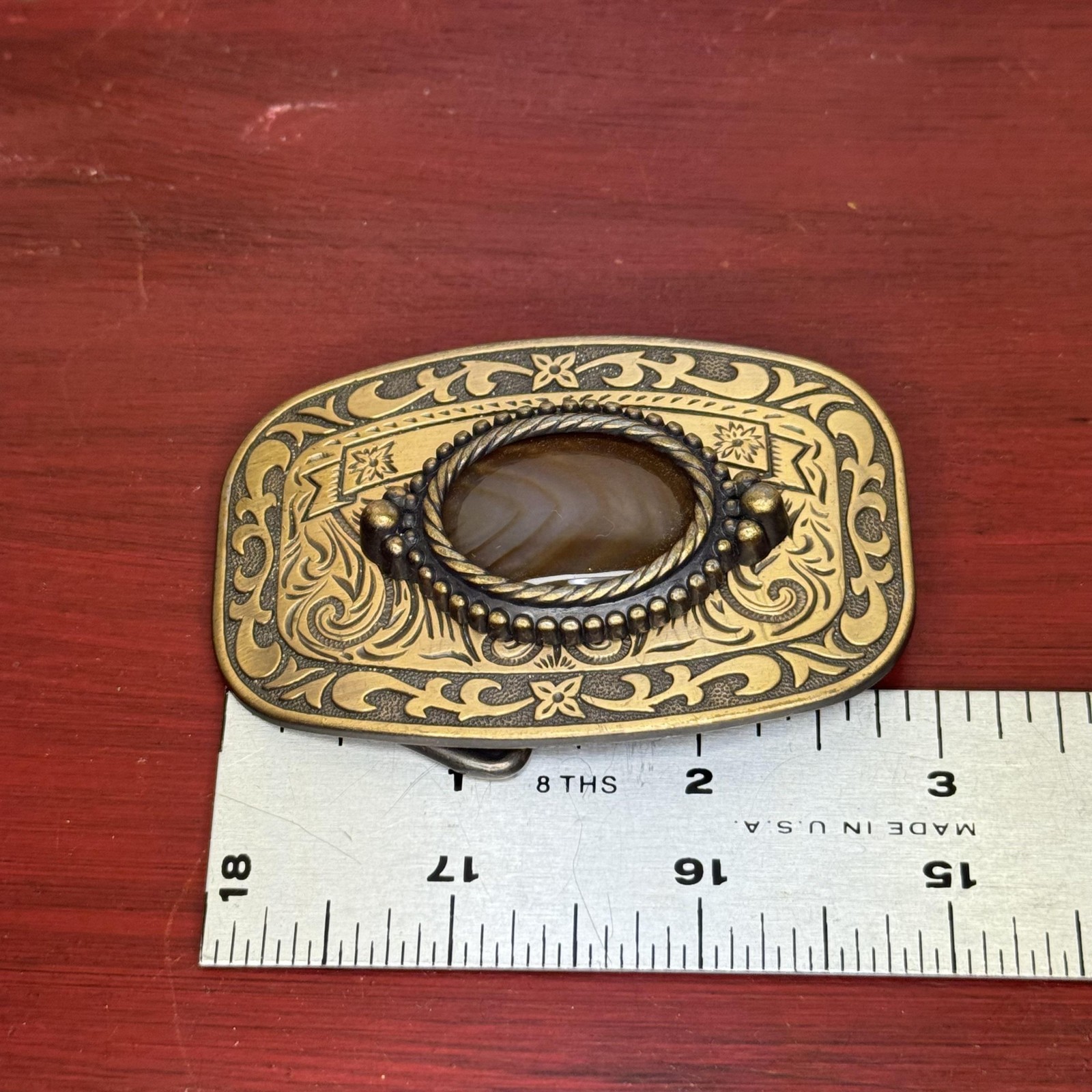 Western Belt Buckle Mens Brass Tone Brown Oval Agate Cabochon Scrollwork Cowboy