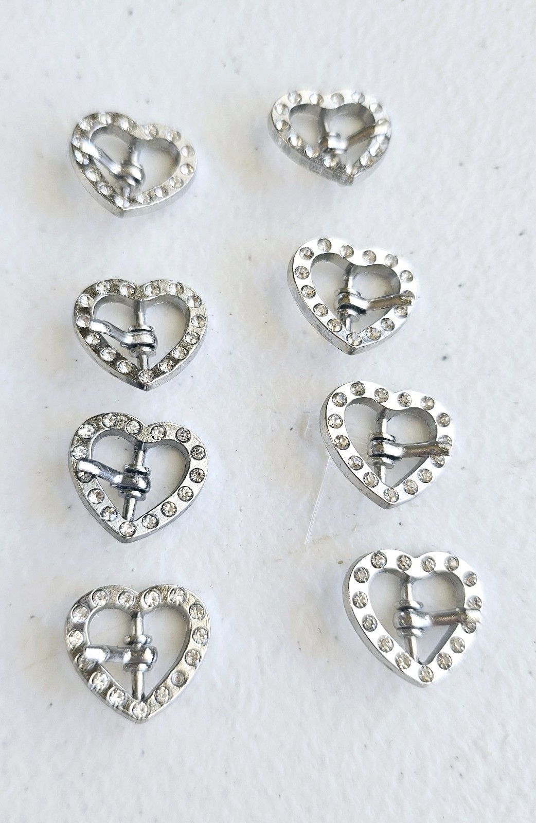 Mini Heart Buckles (8) White Rhinestones On Silvertone