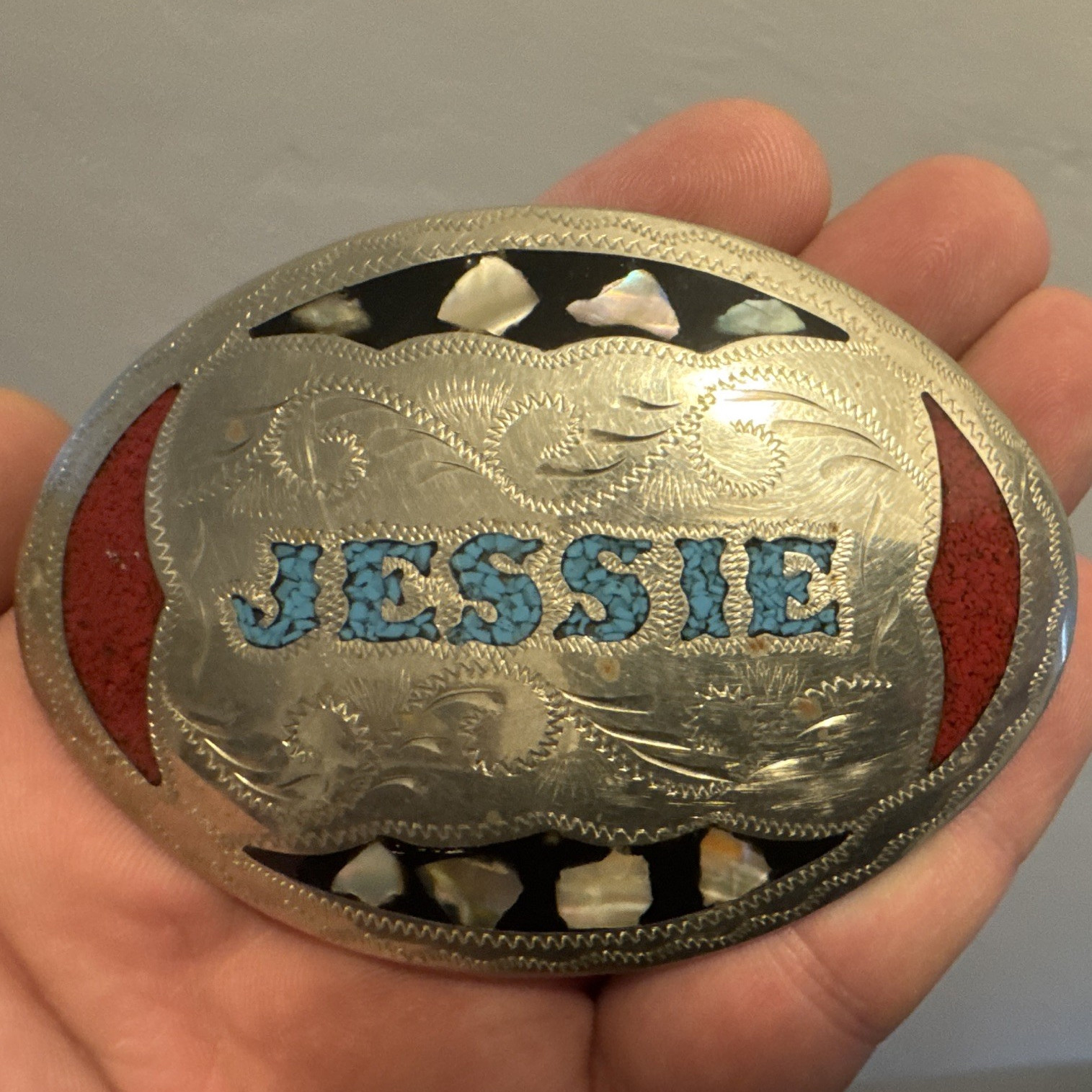 Vintage Western Oval Engraved Floral Belt Buckle w/ Inlay, “JESSIE” Fits 1.5 in