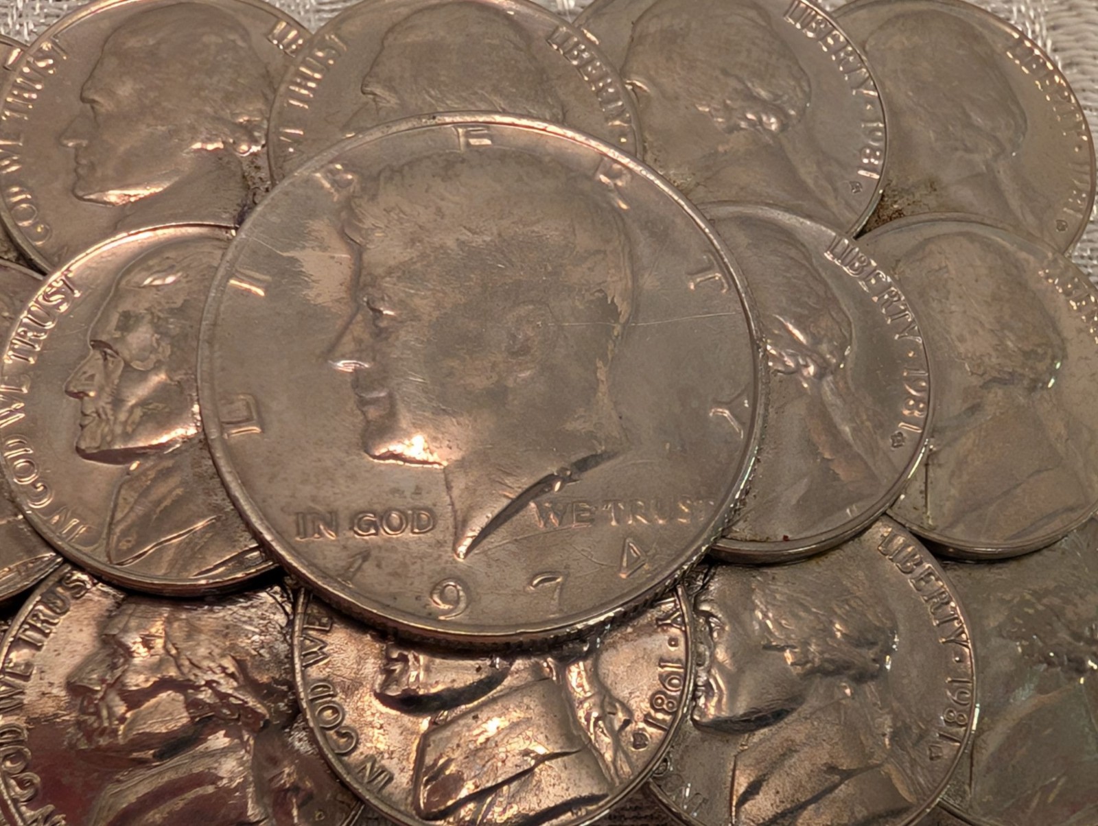 Vntg Handmade Coin Belt Buckle 1974 Kennedy Half Dollar & 1981 Jefferson Nickels