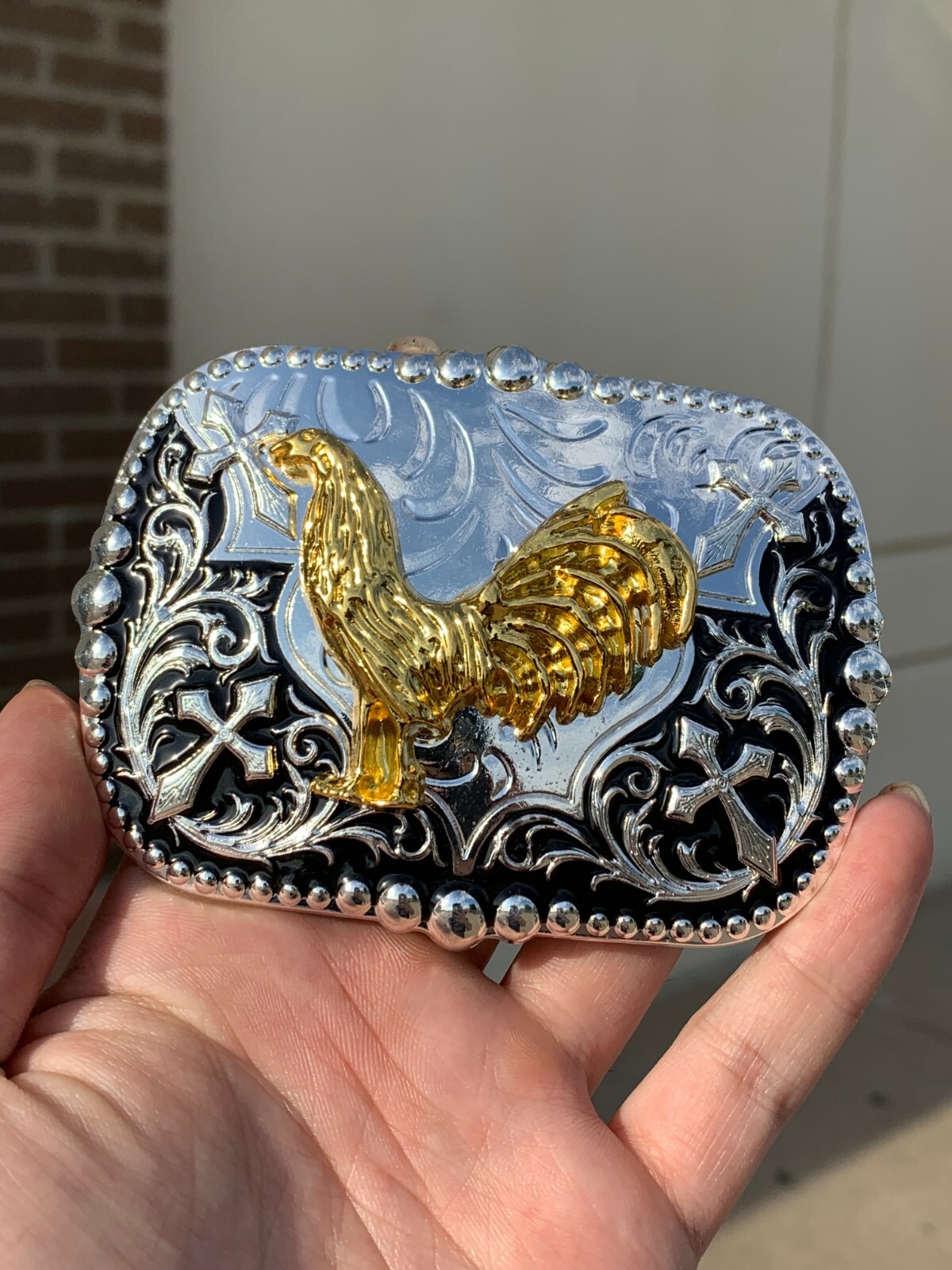 Western Buckle Gold Black Silver Rooster Cowboy 2 »Buckle Hebilla Vaquero Gallo