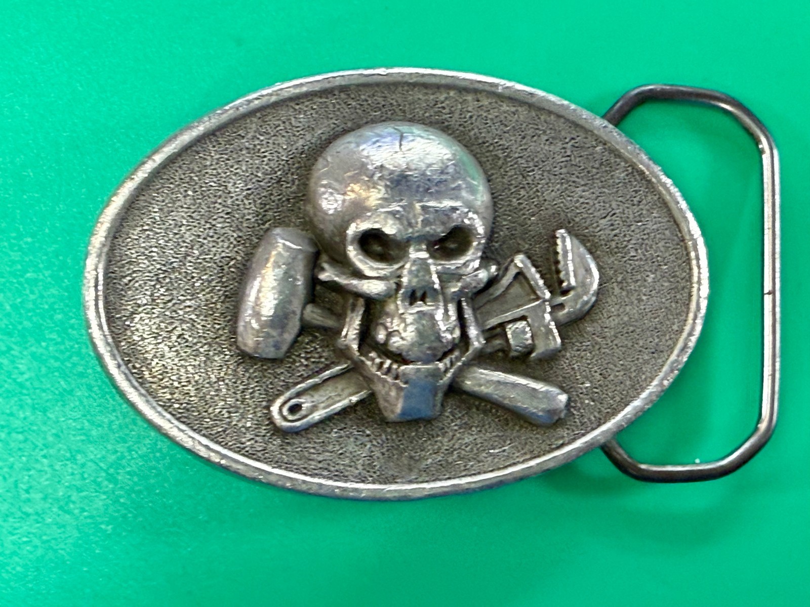 Mechanic Skull Crossed Wrench Hammer Tool Solid Fine Pewter Belt Buckle