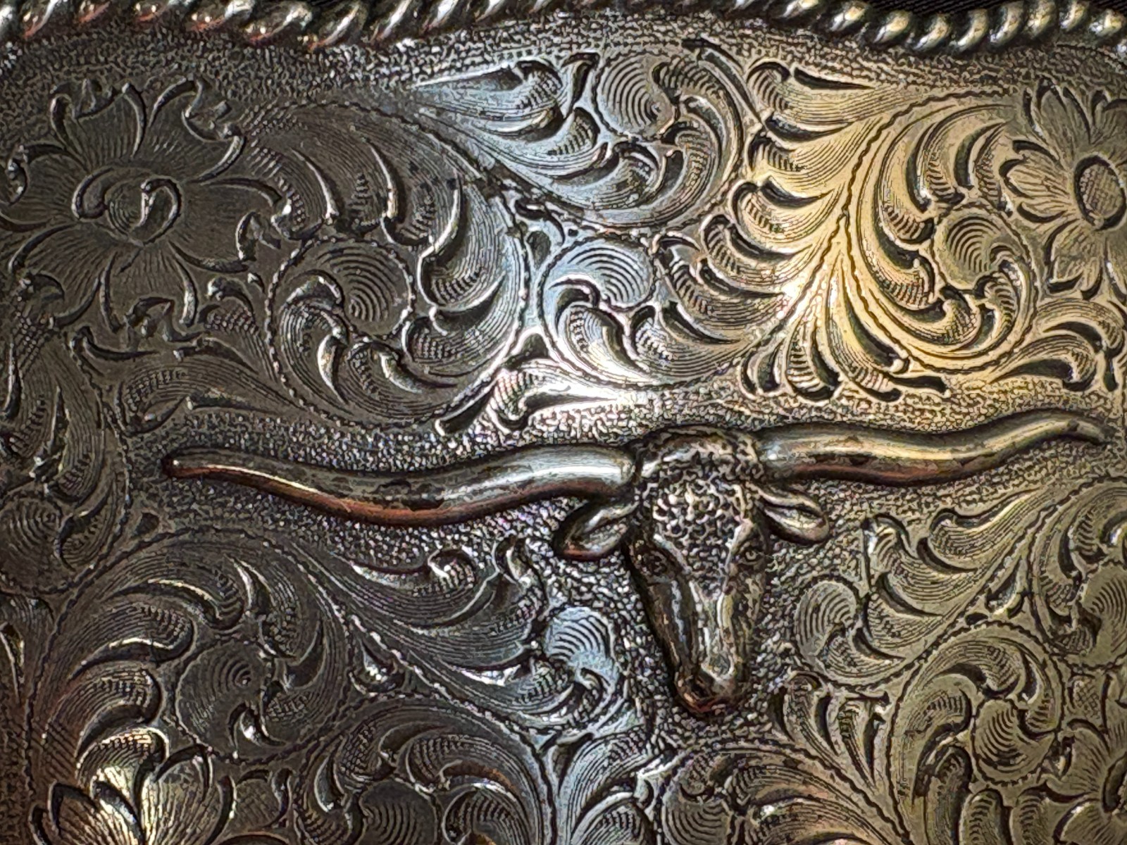 Nocona Longhorn Silver Tone Belt Buckle Etched, Roped Edge- REDUCED!