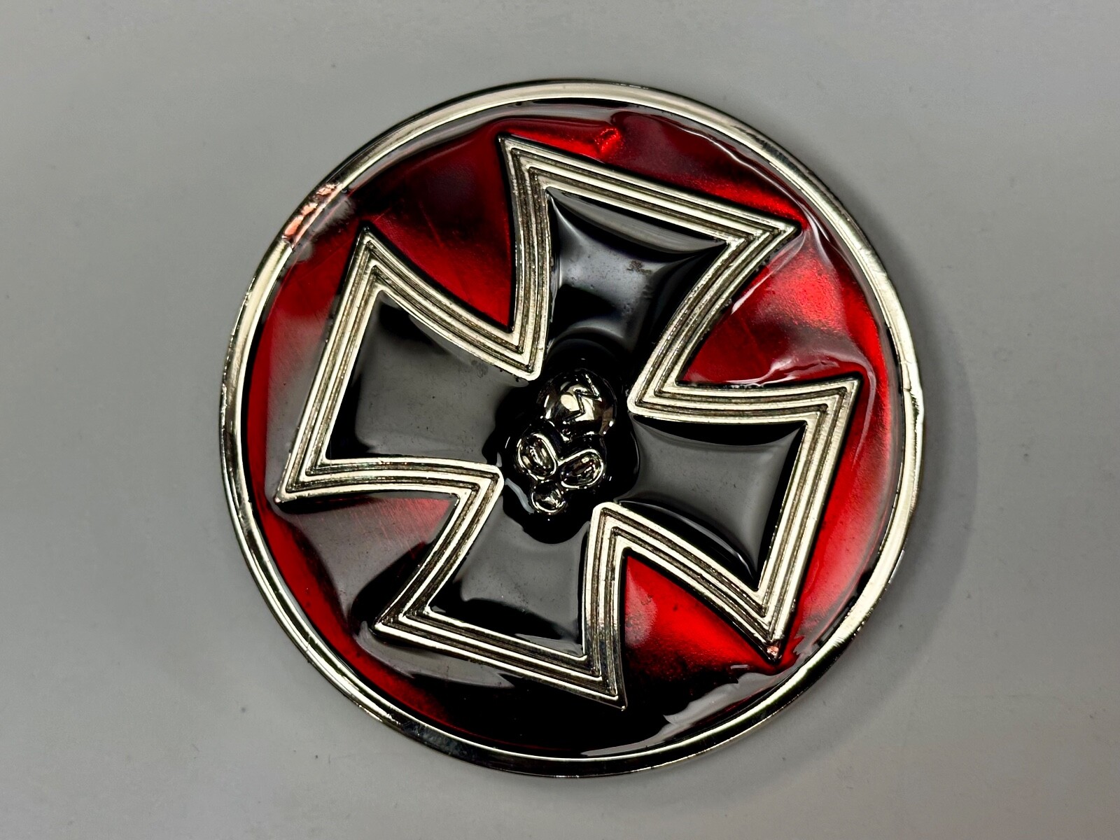 Enamel Round Iron Maltese Cross With Centered Silver Color Skull Belt Buckle