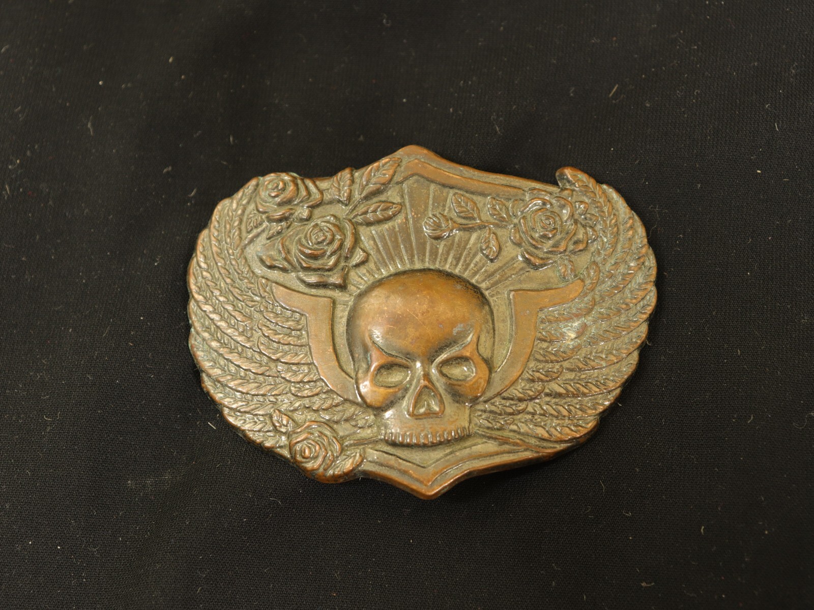 Winged Head Skull Pewter Belt Buckle Vintage Brass Flying Skull With Roses, USA