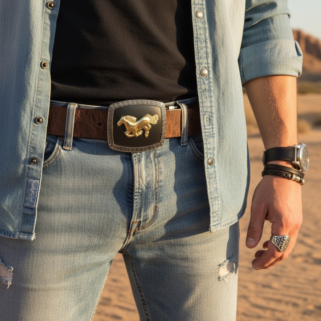Men Women Western Belt Buckle Silver Metal Square Gold Rodeo Horse Black Fabric