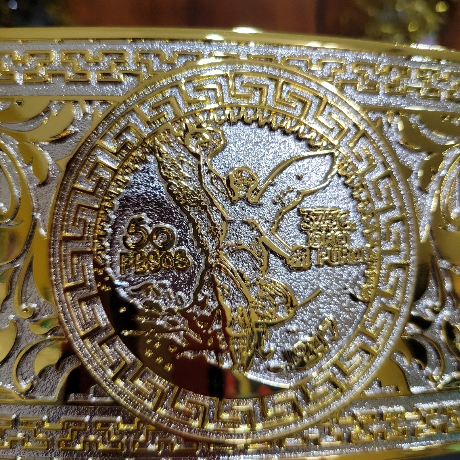 Centenario Cowboy Belt Buckle Western Hebilla Rodeo Silver & Gold Faux 50 Peso