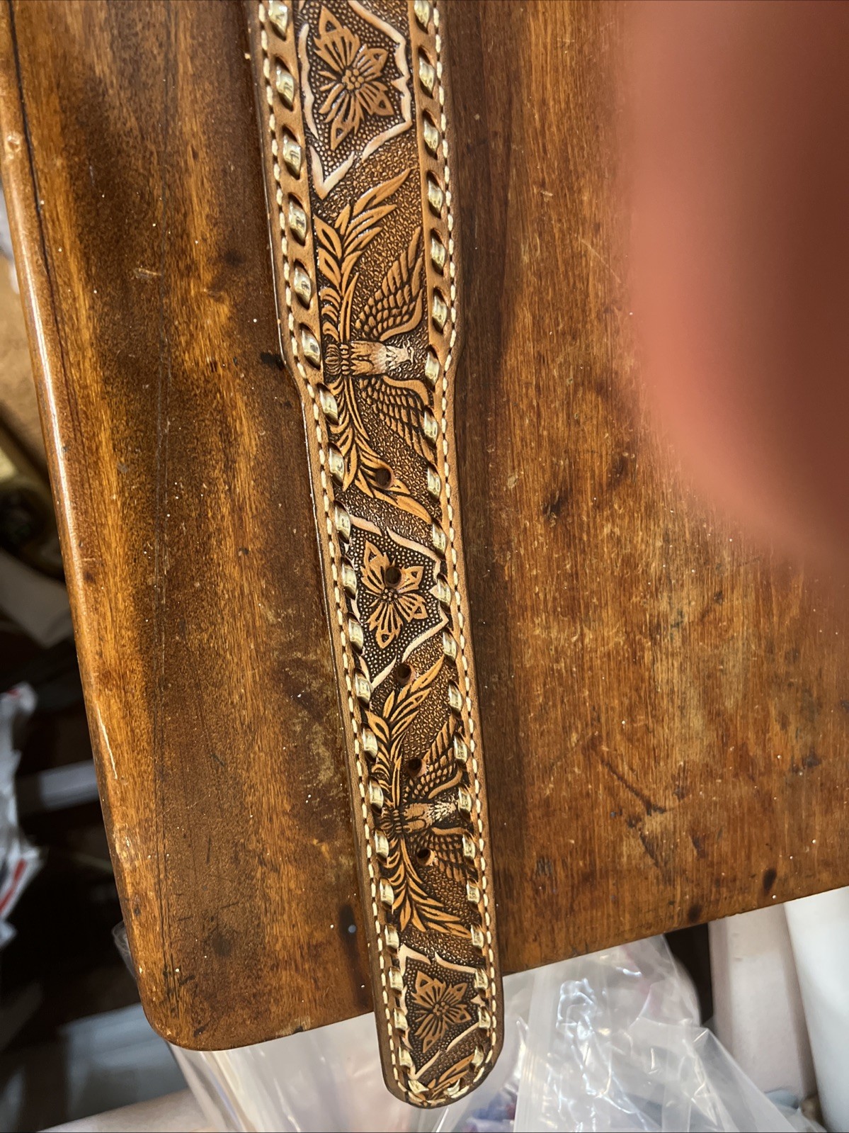 Handmade Patriotic Western Belt 30-Eagles-Brn/White-Lace-Stitches-Buckle-Leather
