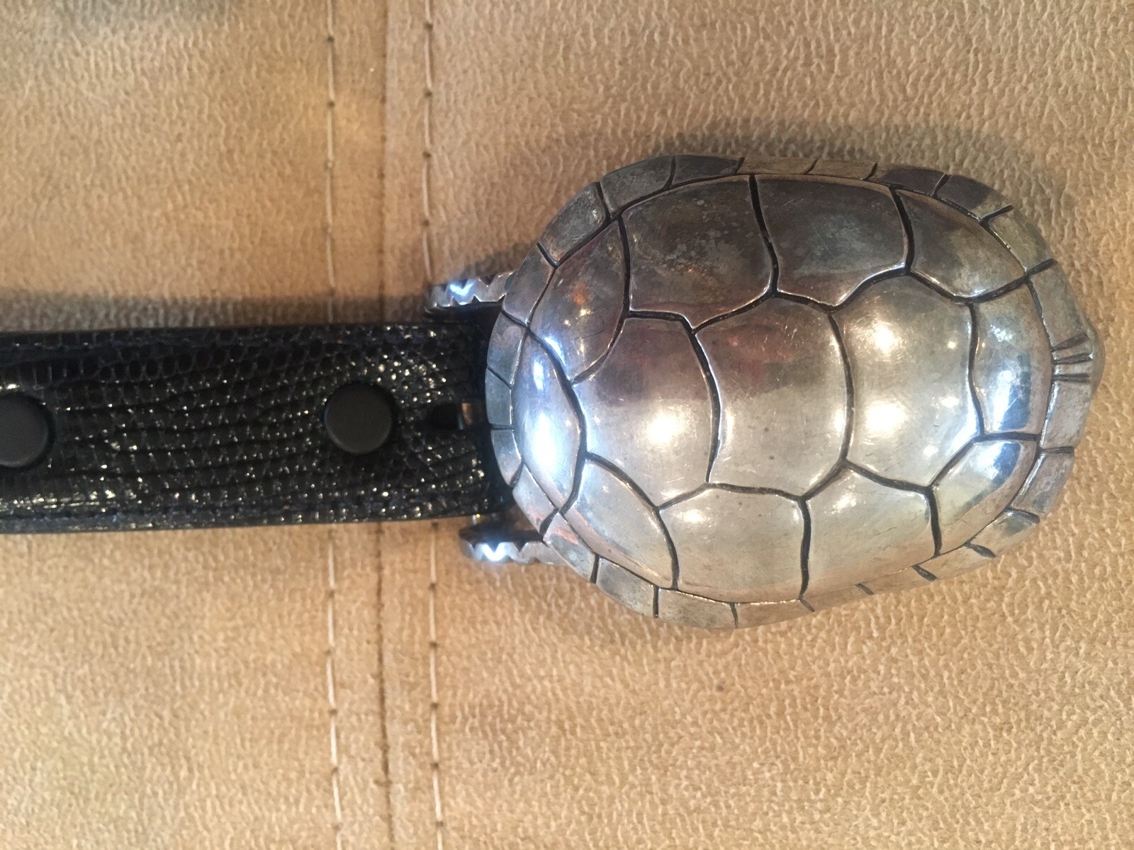 RARE!!! Kieselstein Cord Silver Turtle Buckle With Black Lizard Belt Size 2