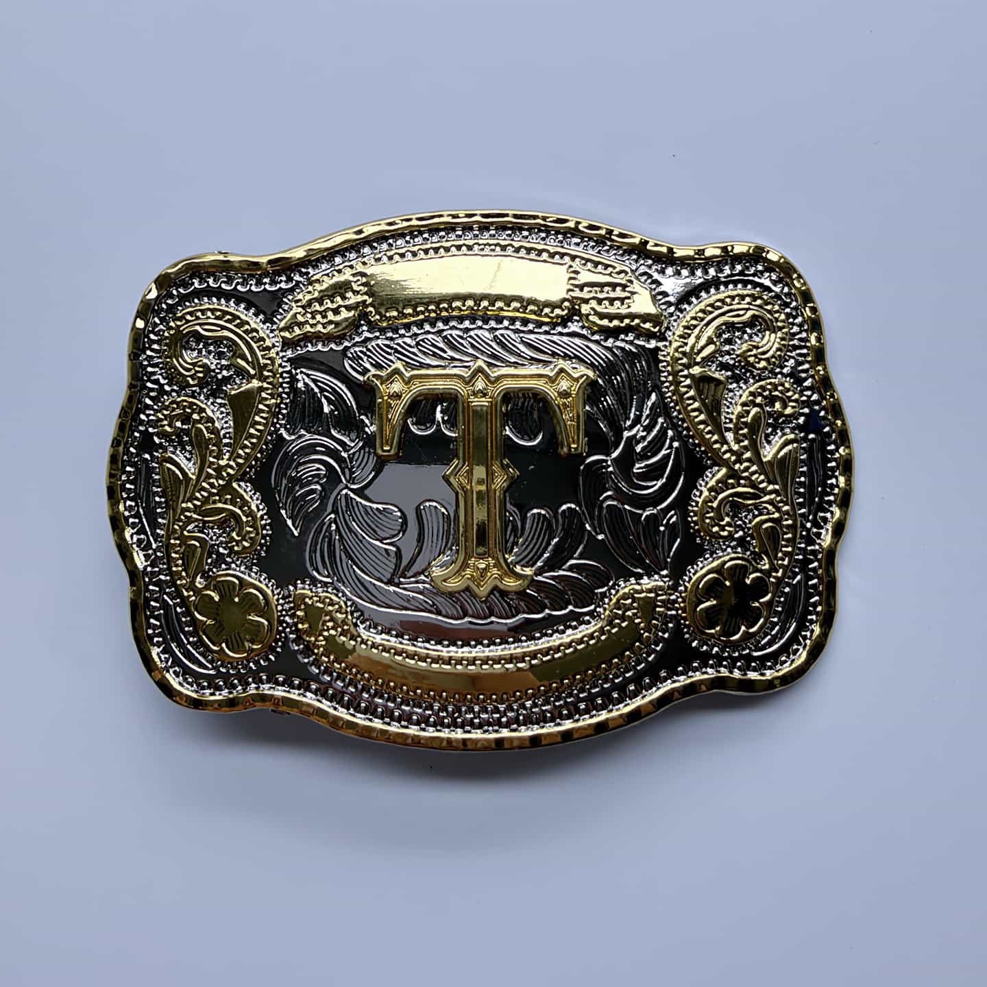 Bright Silver With Gold Initial Letter A-Z Cowboy Cowgirl Rectangle Belt Buckle