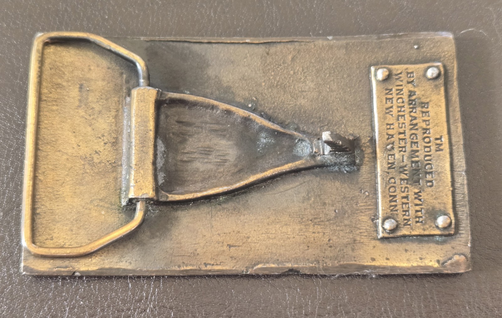 VINTAGE Winchester Repeating Arms Brass Belt Buckle Rifle New Haven CT Western