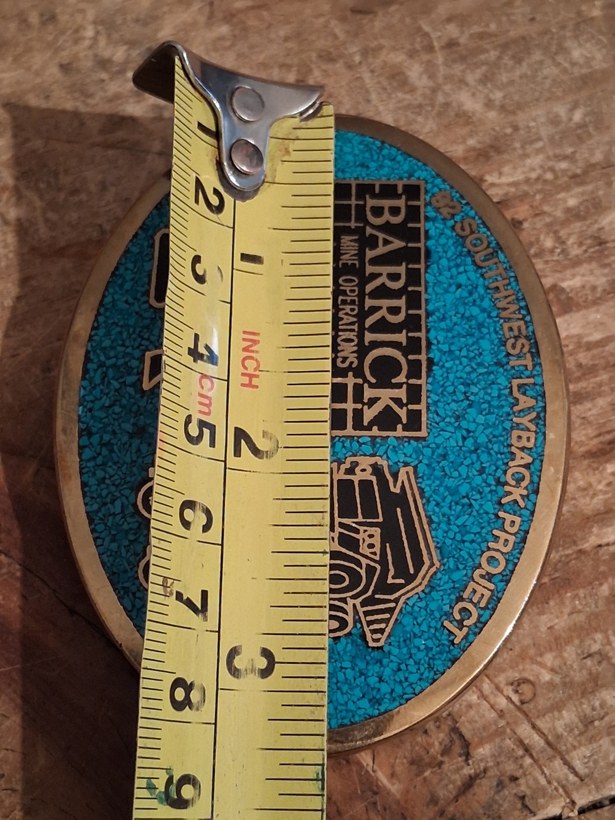 Vintage Brass Turquoise Excavator Belt Buckle, Barrick Gold Mine, Vegas 92