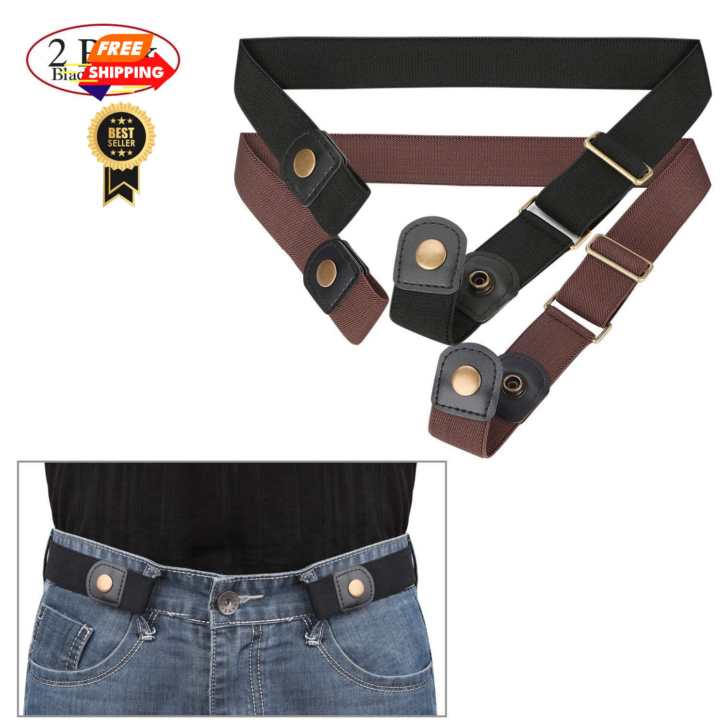 XZQTIVE No Buckle Invisible Fits waist size 36&Prime;-50&Prime;, 2 Pack Black&brown