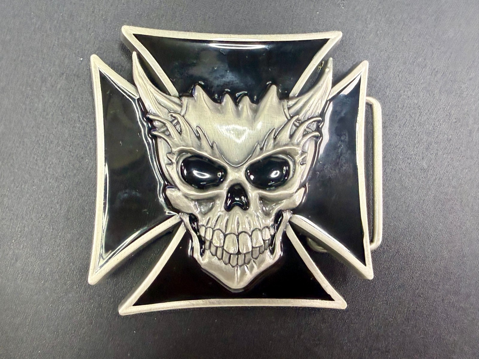 Devil Skull Maltese Cross Enamel Gothic Punk Pewter A-9 Siskiyou Belt Buckle