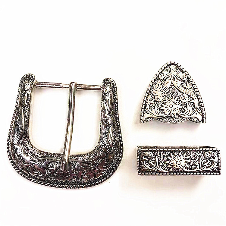 Silver Western Floral Engraved Cowboy Belt Buckle Three Piece Set Unisex 1-1/2&Prime;