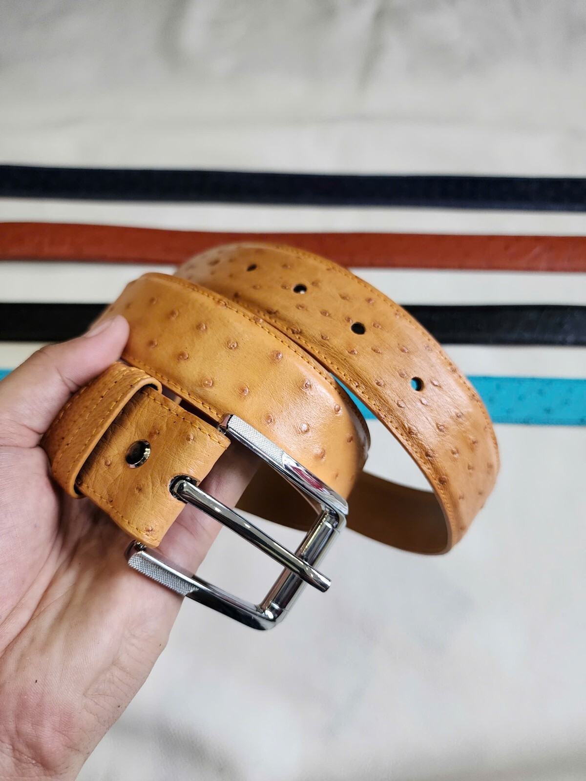 3.8CM Brown 100% Genuine Body Ostrich Leather Skin Mens Belt Buckle- Handmade