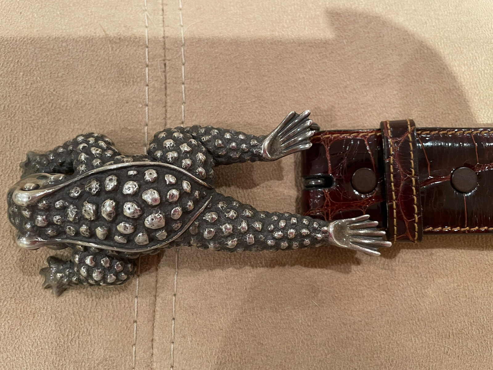 Huge Kieselstein-Cord Sterling Toad Buckle with Brown Alligator Belt Size 2