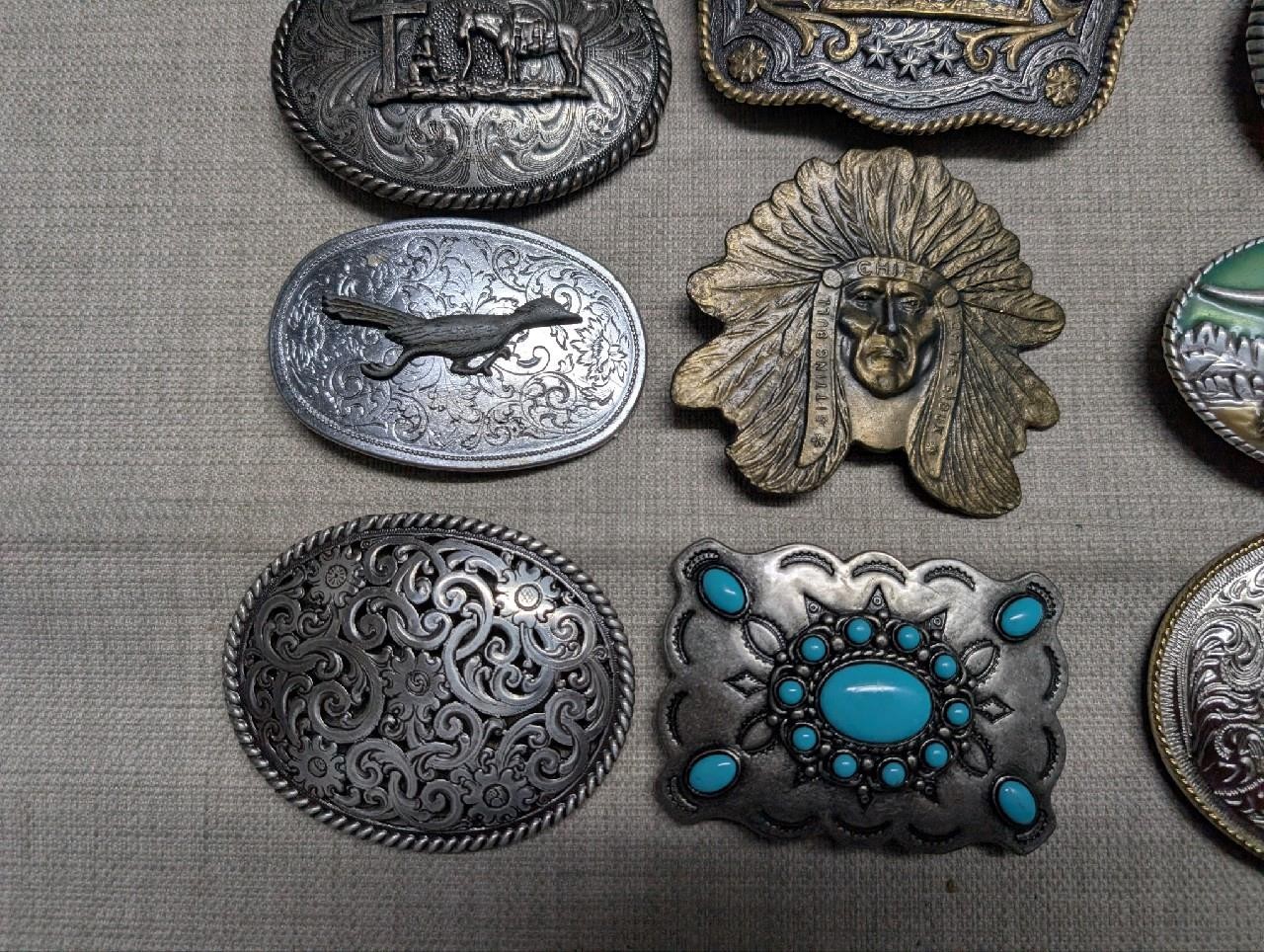 vintage LOT OF 15 belt buckles WESTERN native american RODEO cowboy HORSE
